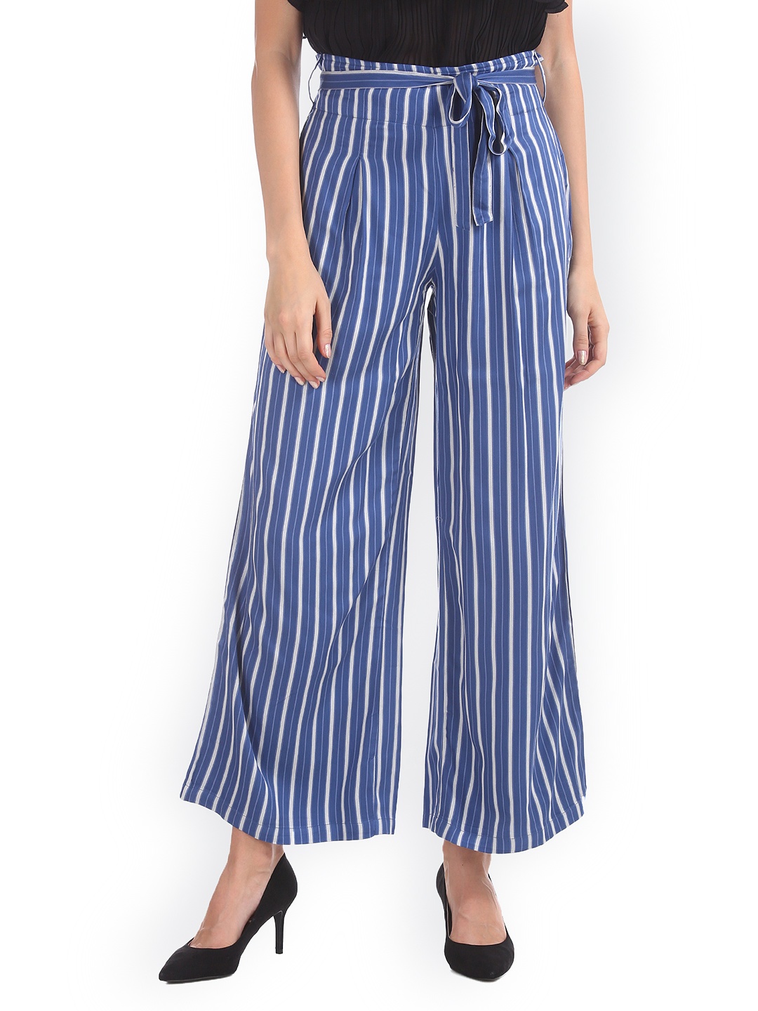 

U.S. Polo Assn. Women Women Navy Blue & White Flared Striped Parallel Trousers