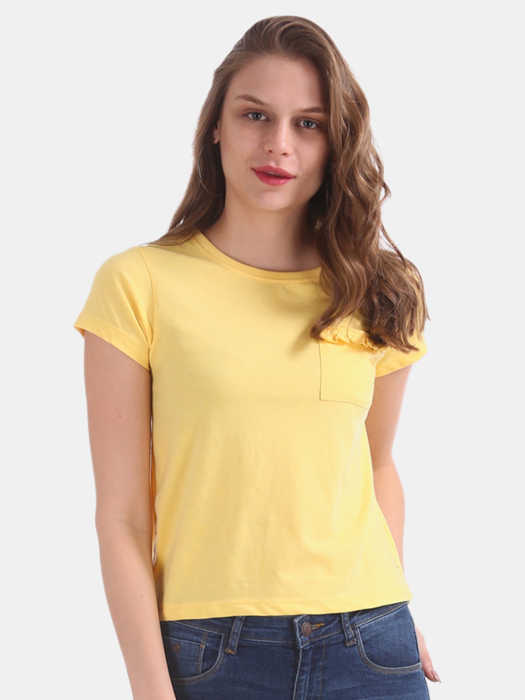 

Flying Machine Women Yellow Solid Round Neck T-shirt