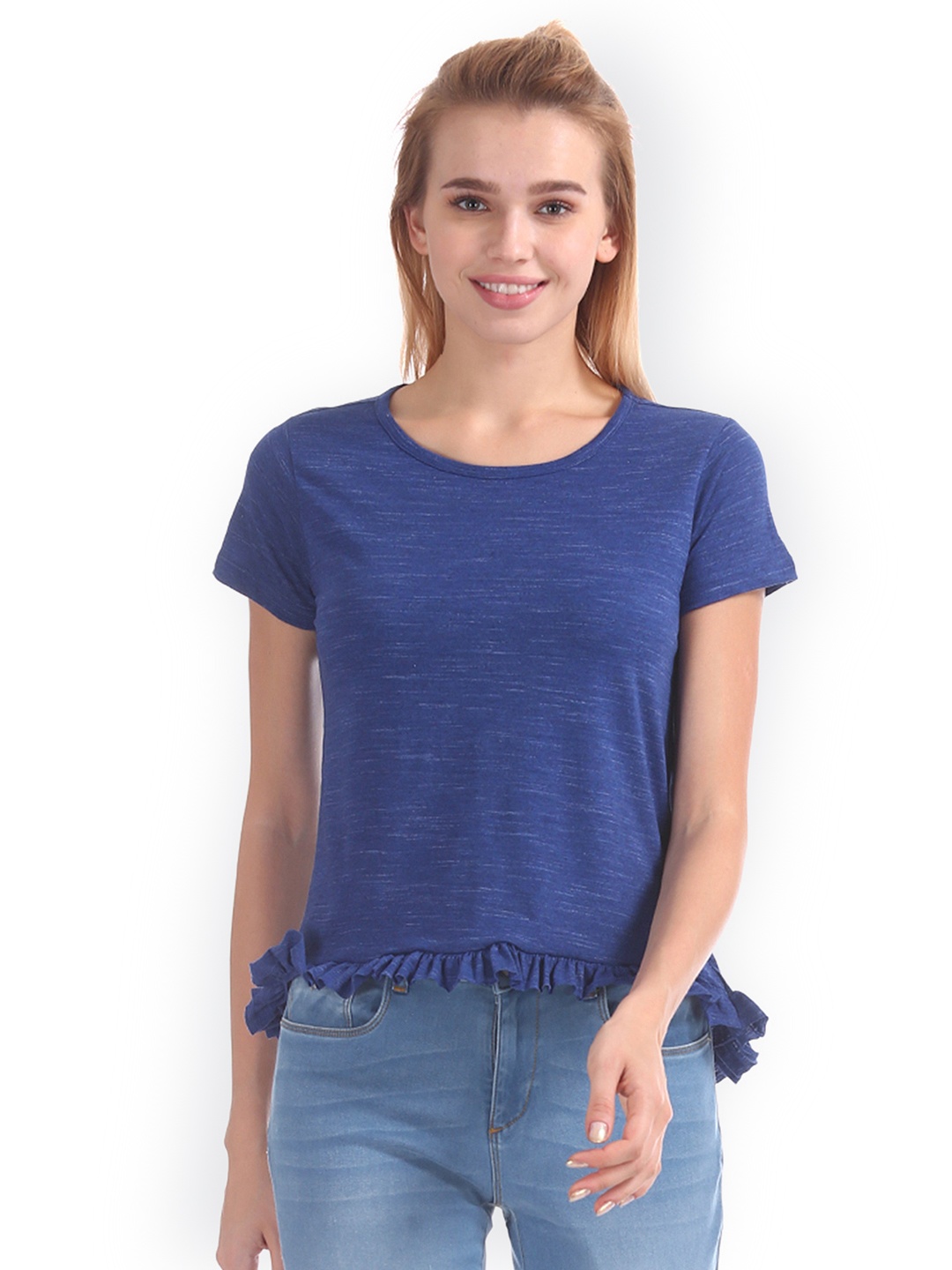 

Flying Machine Women Blue Printed Round Neck T-shirt