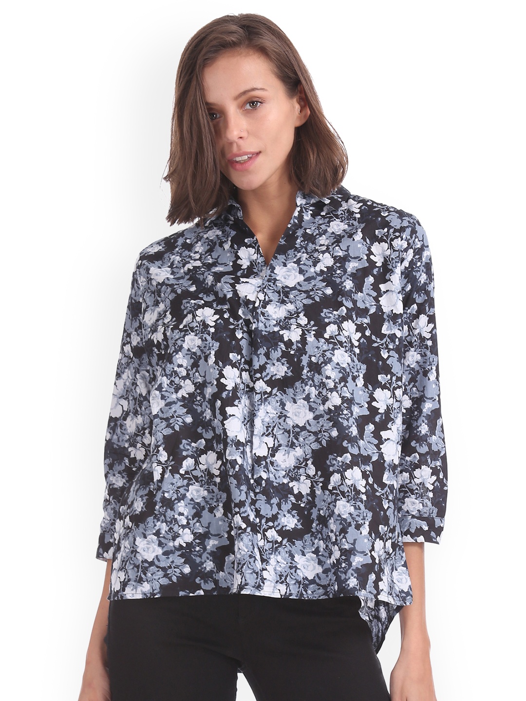 

Cherokee Women Black Printed High-Low Pure Cotton Top