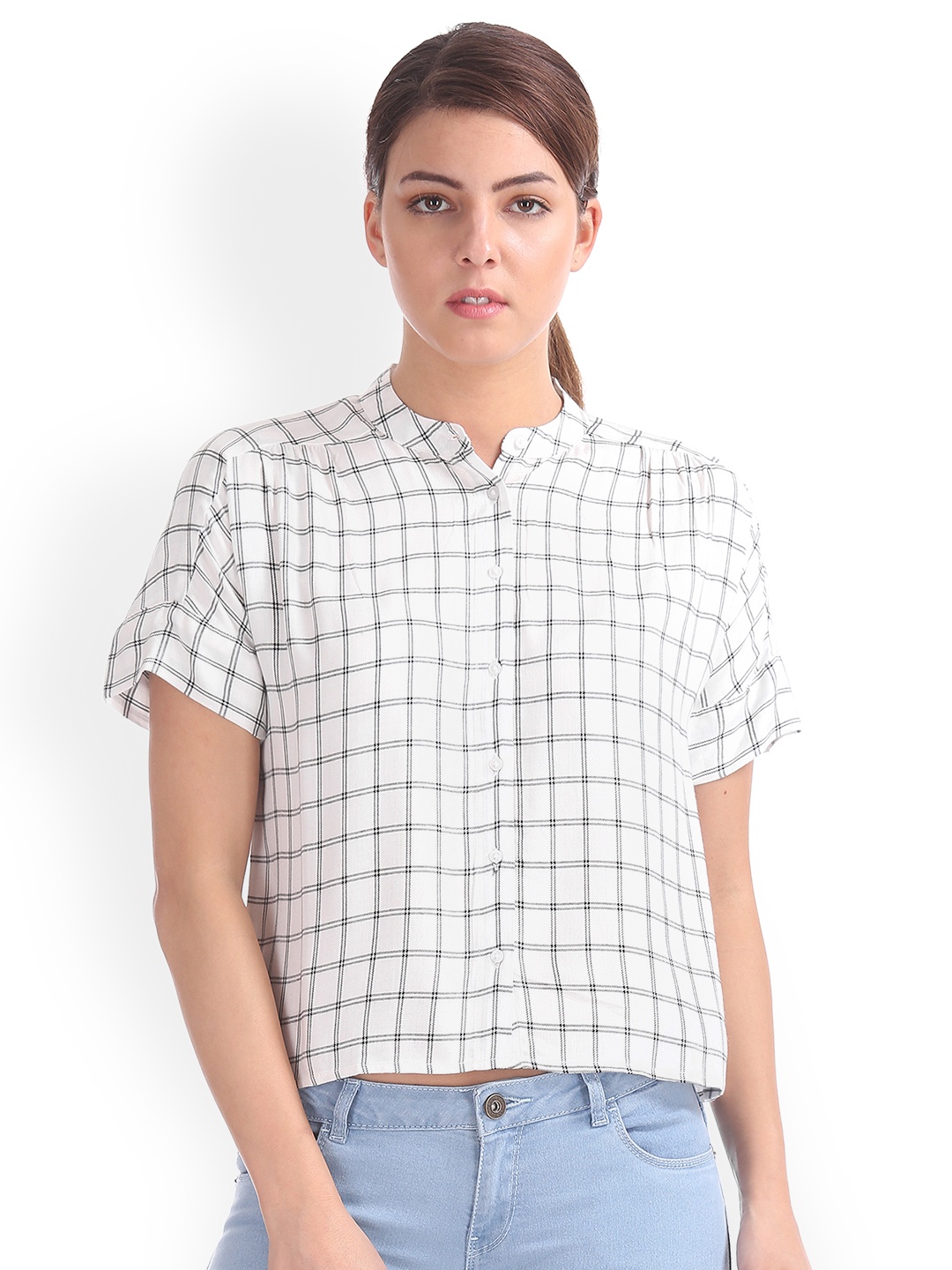 

Cherokee Women White Checked Shirt Style Top