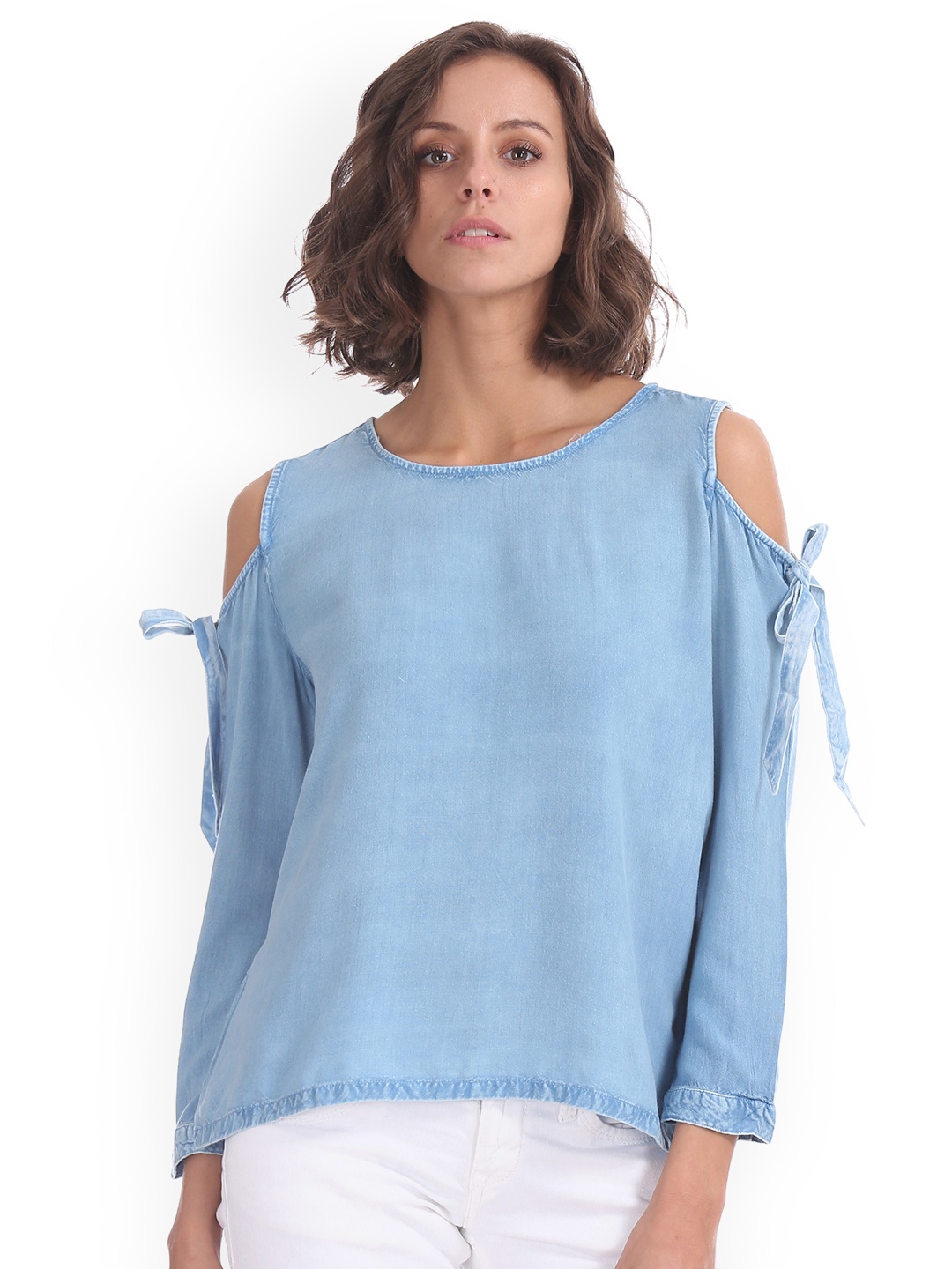 

Cherokee Women Blue Solid A-Line Chambray Top