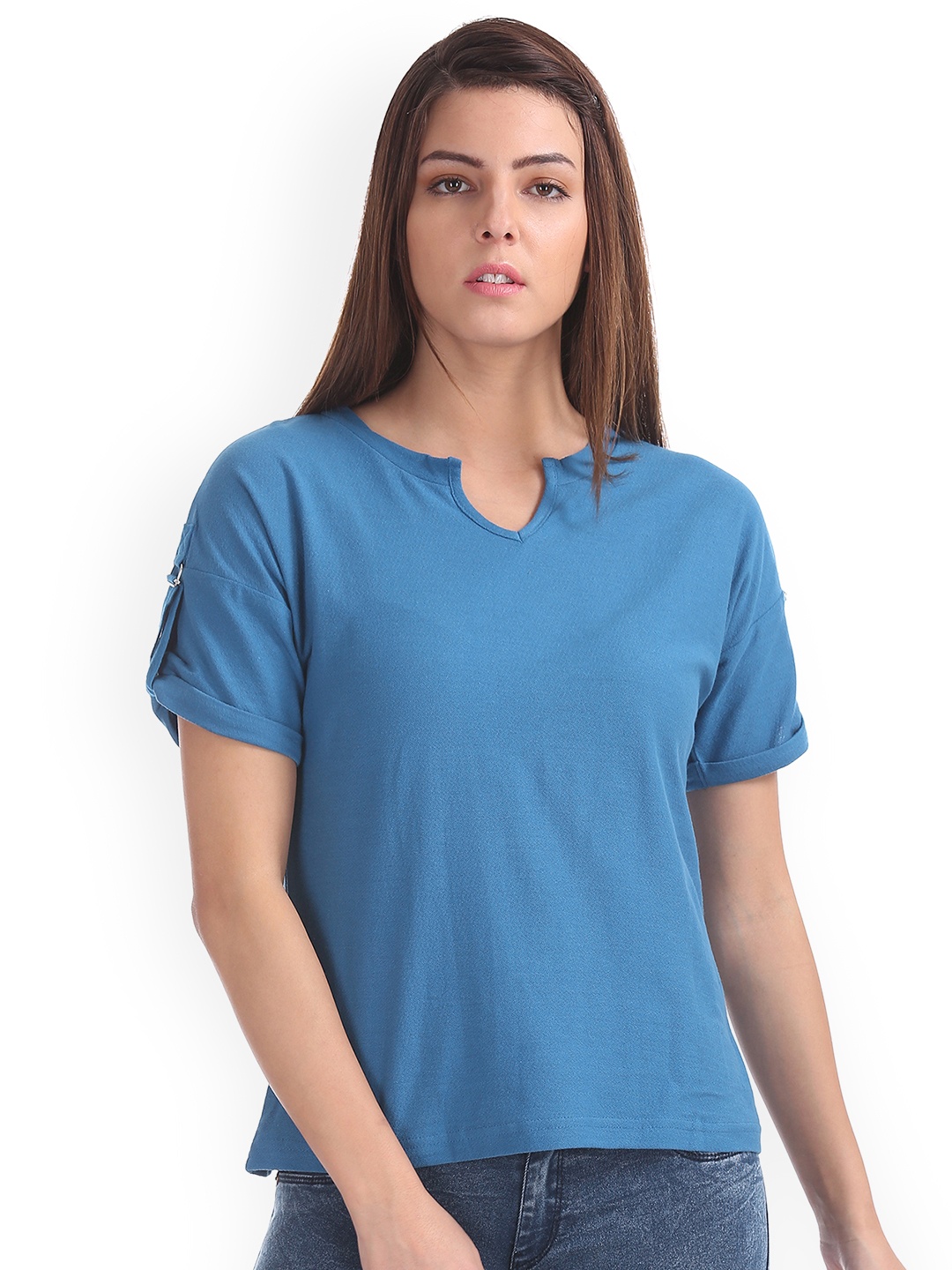 

Cherokee Women Blue Solid Pure Cotton Top