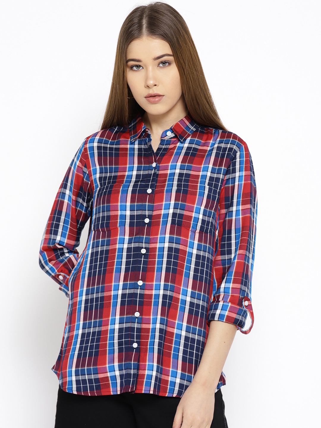 

U.S. Polo Assn. Women Blue & Red Regular Fit Checked Casual Shirt