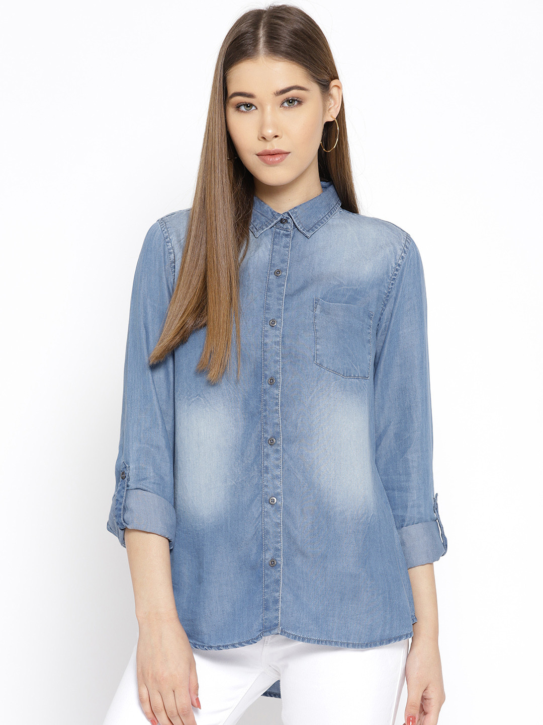 

U.S. Polo Assn. Women Blue Chambray Regular Fit Faded Casual Shirt