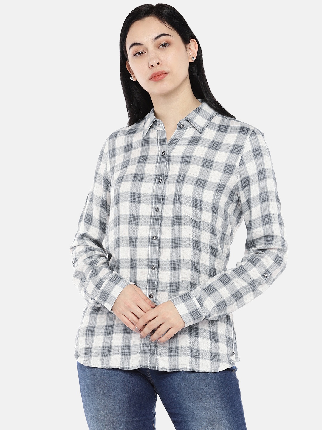 

U.S. Polo Assn. Women Off-White & Grey Regular Fit Checked Casual Shirt