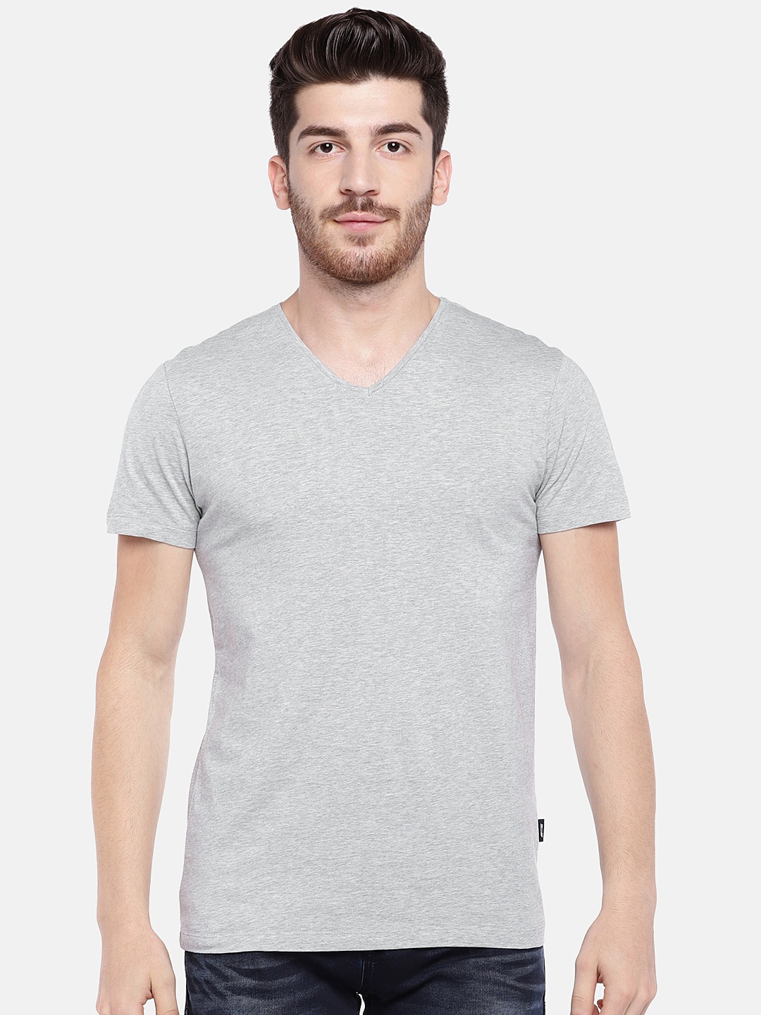 

Jack Jones Men Grey Melange Solid V-Neck Pure Cotton T-shirt