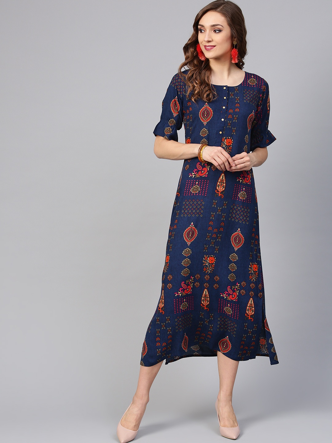 

Libas Women Navy Blue & Orange Printed A-Line Dress