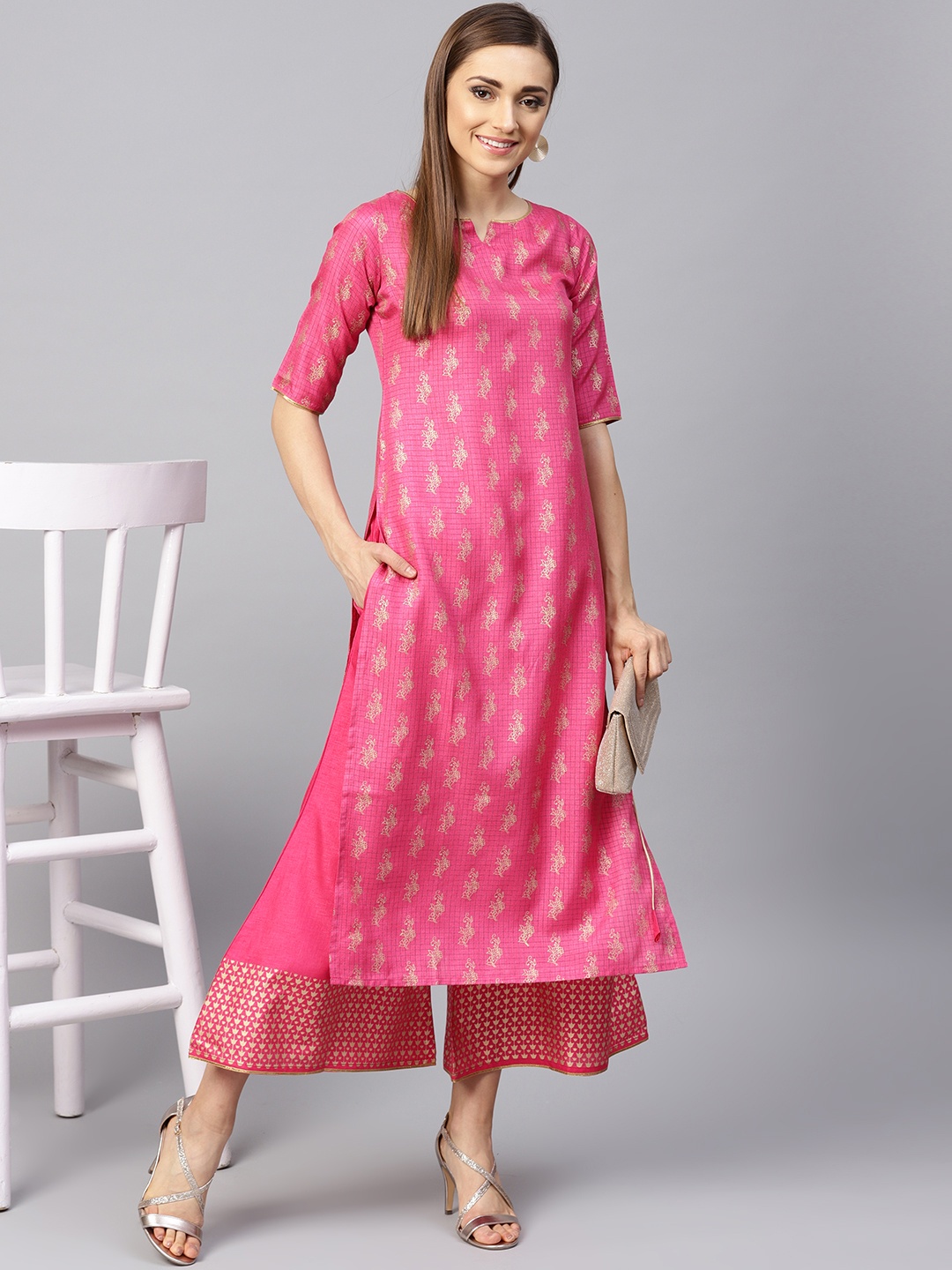 

Libas Women Pink & Golden Checked Kurta with Palazzos