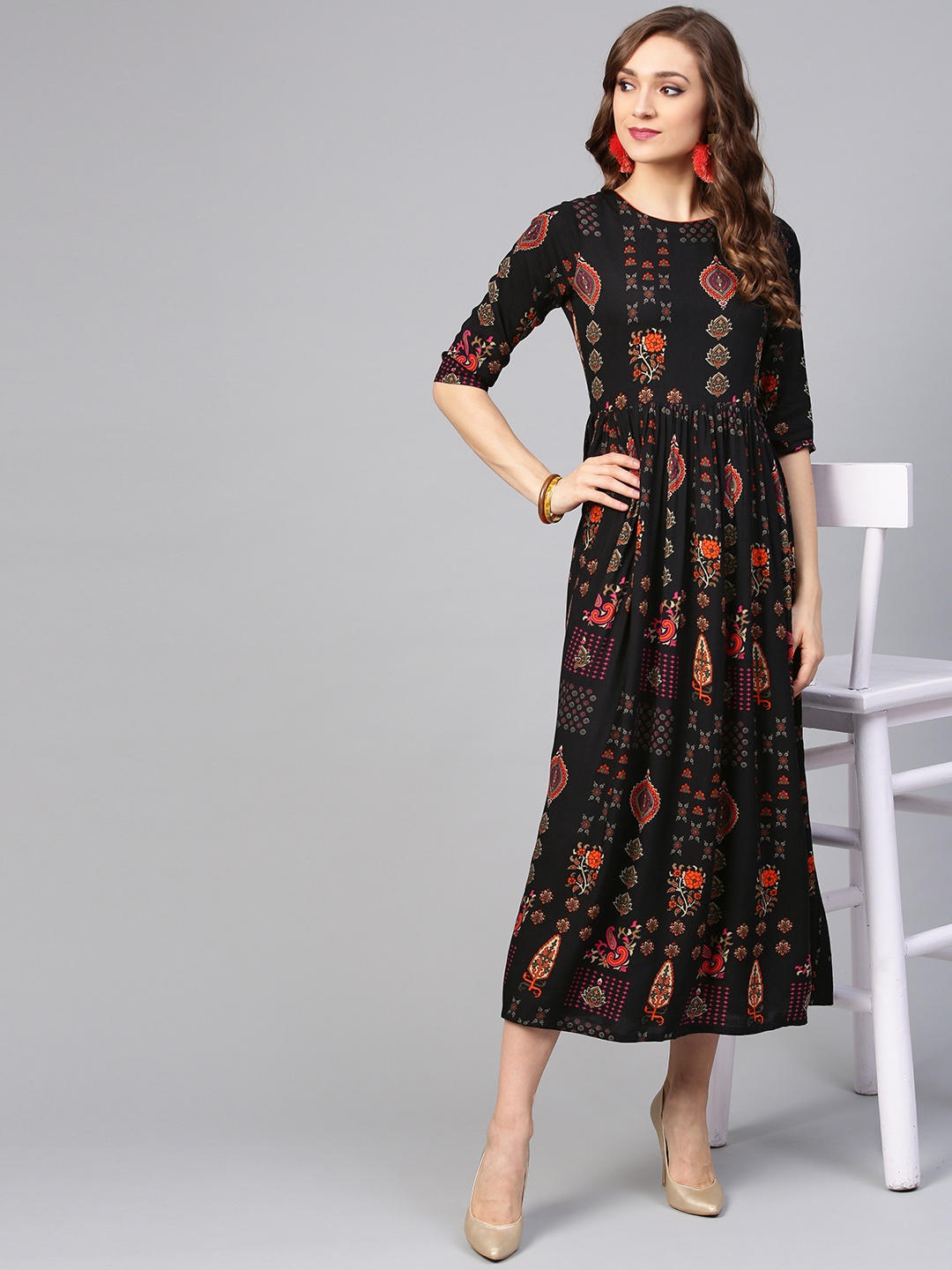 

Libas Women Black & Orange Printed Maxi Dress