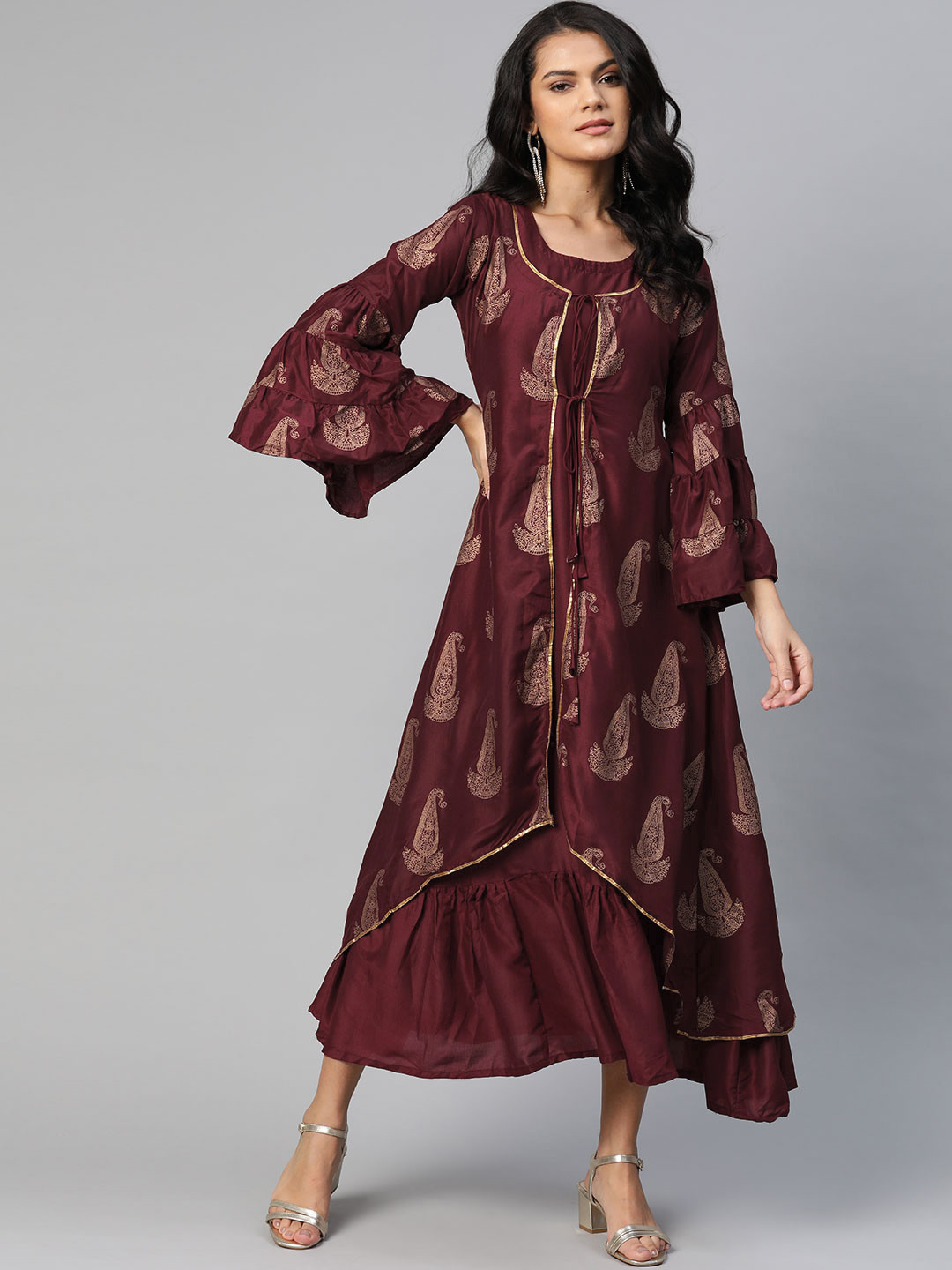 

Libas Women Maroon & Golden Printed A-Line Dress With Jacket