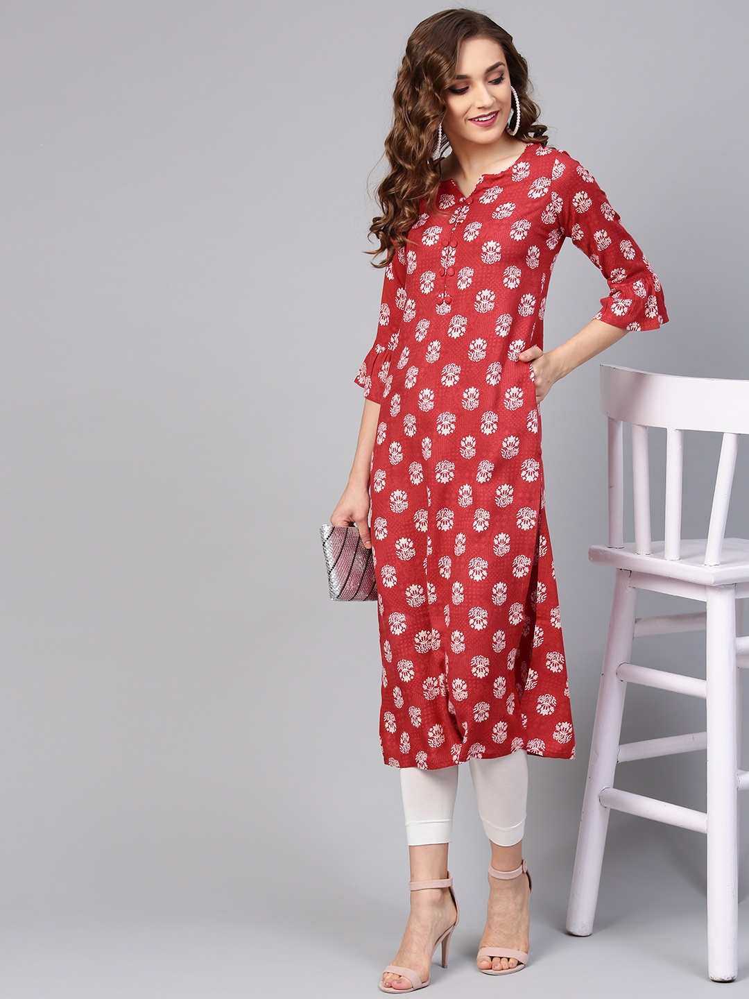 

Libas Women Red & White Printed Straight Kurta