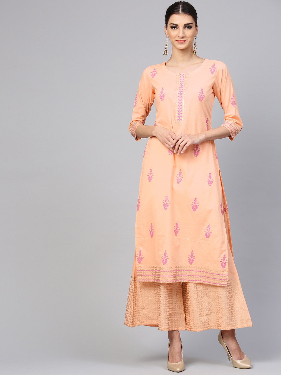 

Libas Women Peach-Coloured Block Print Kurta with Palazzos