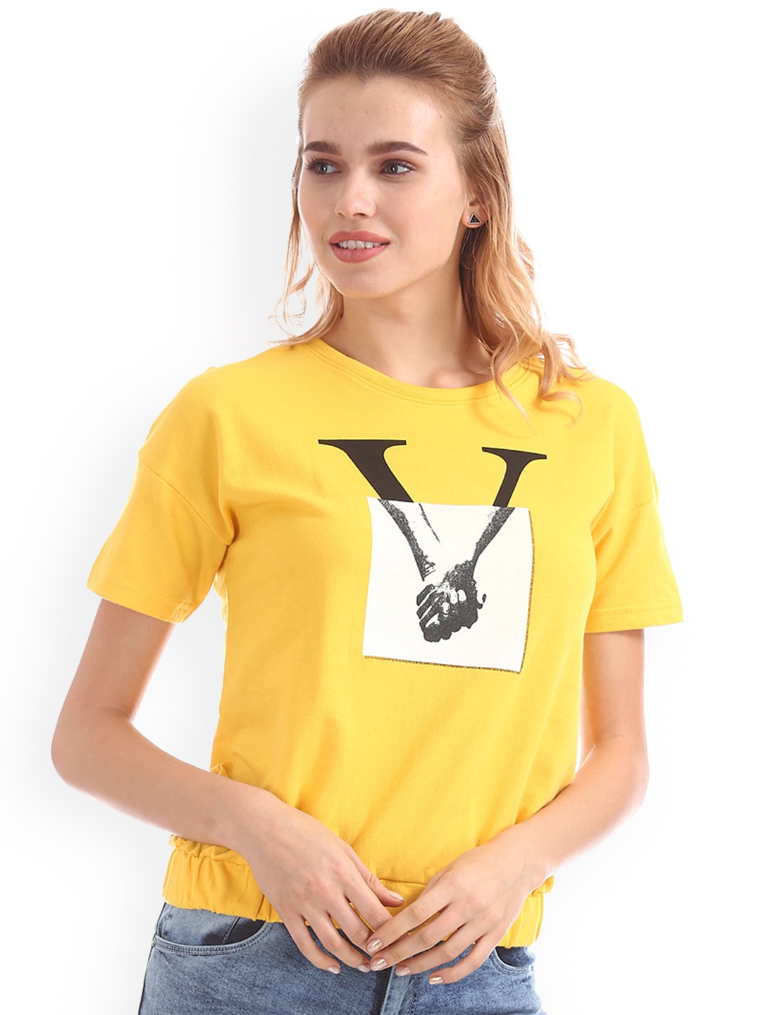 

Sugr Women Yellow Printed Pure Cotton T-shirt