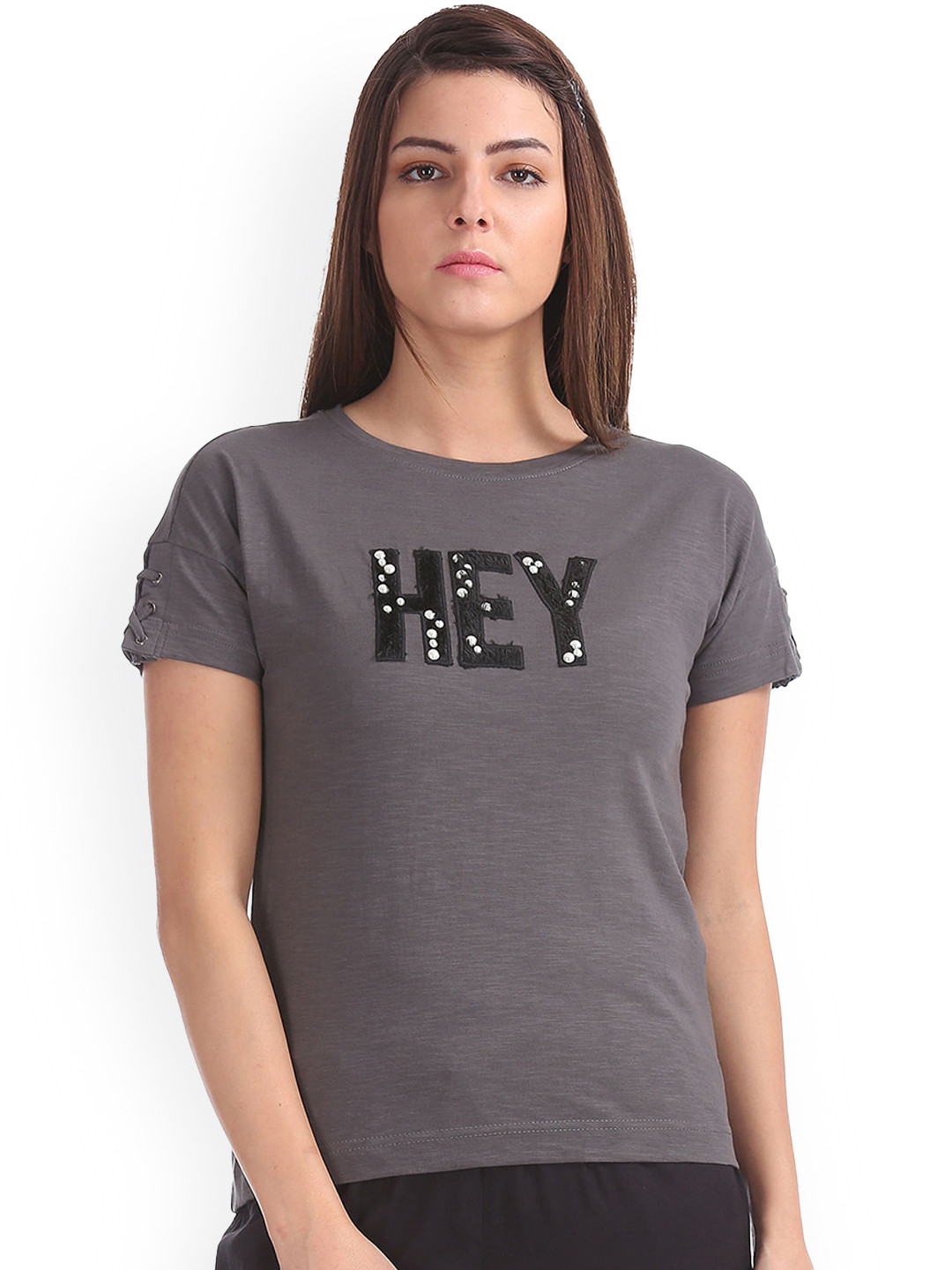 

Sugr Women Charcoal Grey Printed Pure Cotton Top