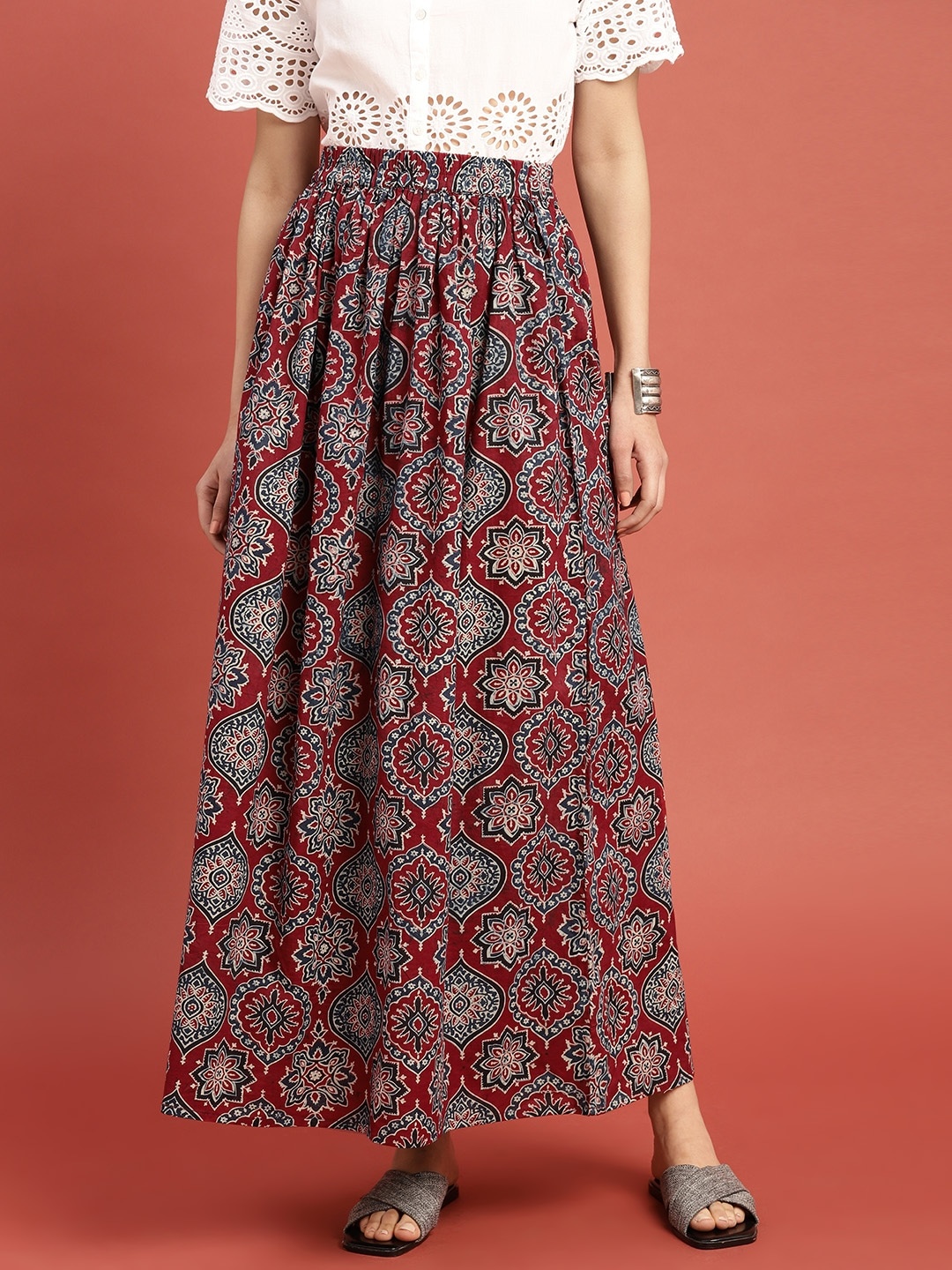 

Taavi Maroon & Blue Ajrakh Hand Block Print Sustainable Maxi Pure Cotton Skirt with Gathered Detail