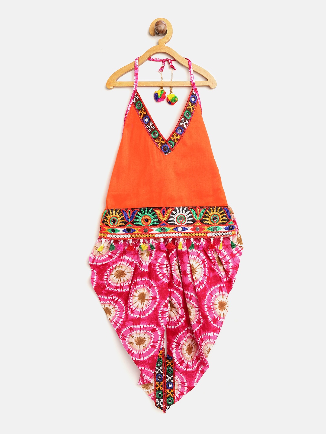 

BownBee Girls Orange & Pink Embroidered Top with Dhoti Pants