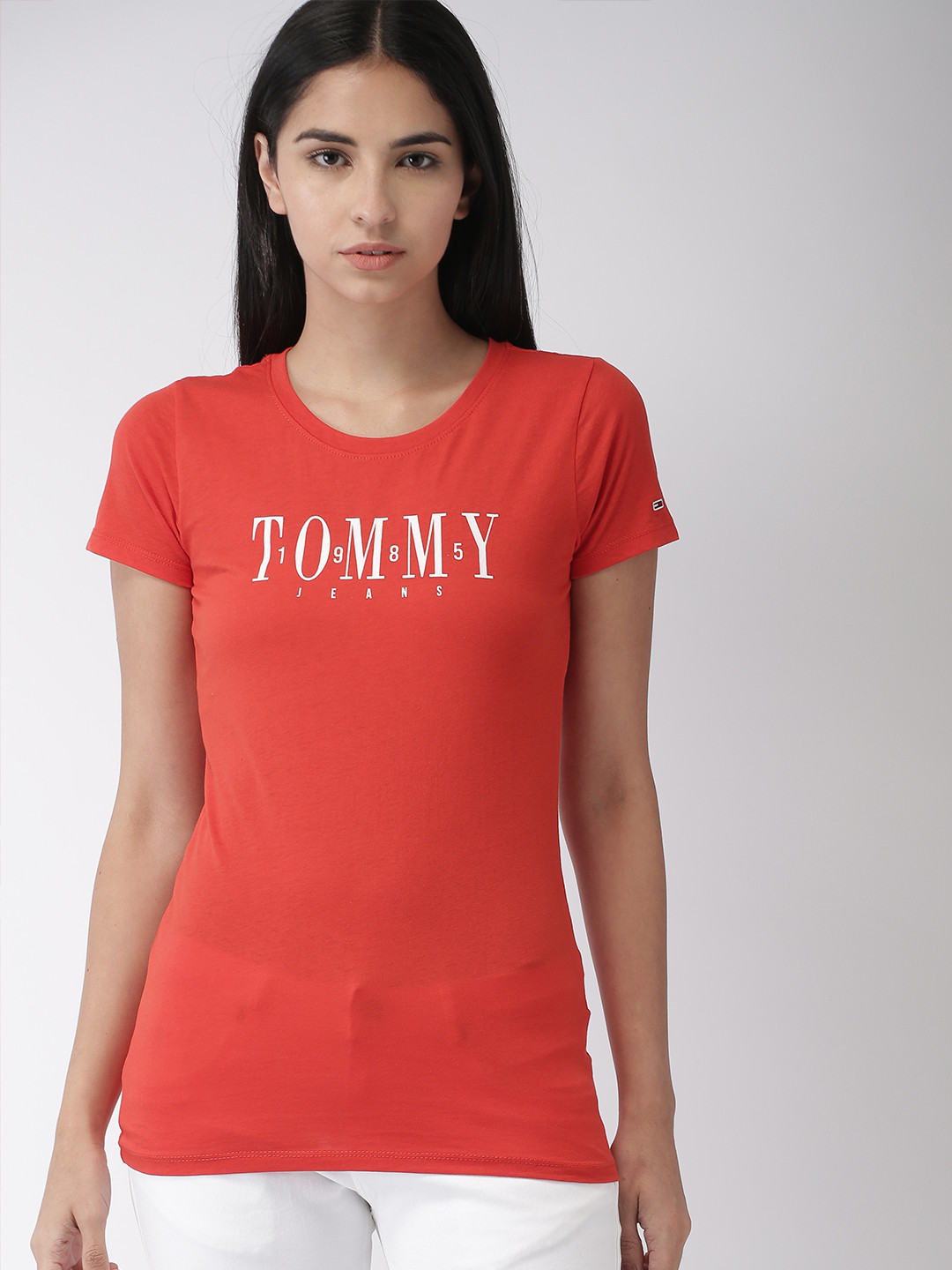 

Tommy Hilfiger Women Red Printed Round Neck Pure Cotton T-shirt