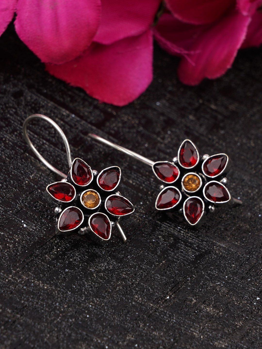 

FIROZA Oxidised Silver-Toned & Maroon Floral Stone-Studded Drop Earrings