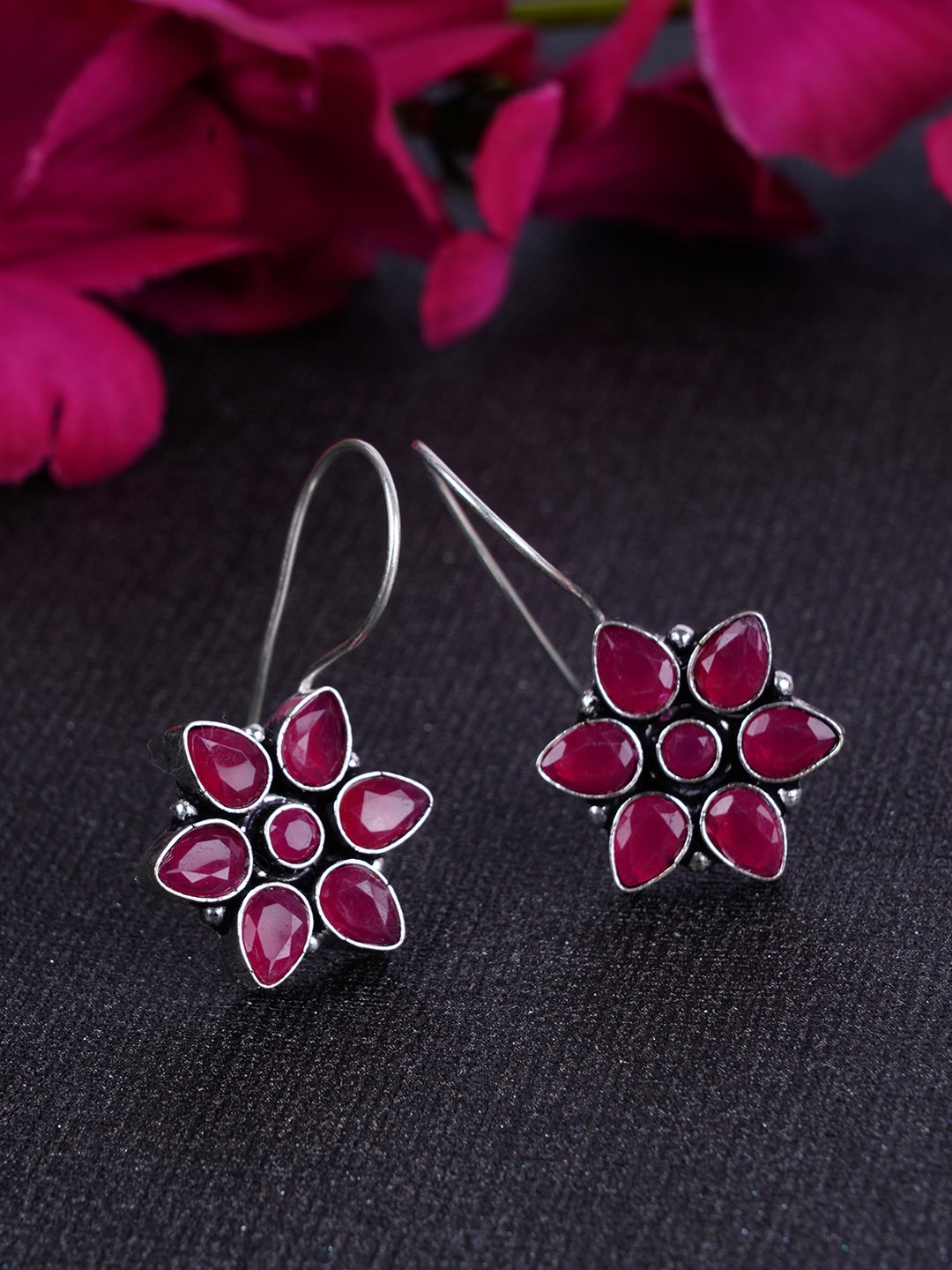 

FIROZA Oxidized Silver-Toned & Maroon Floral Drop Earrings