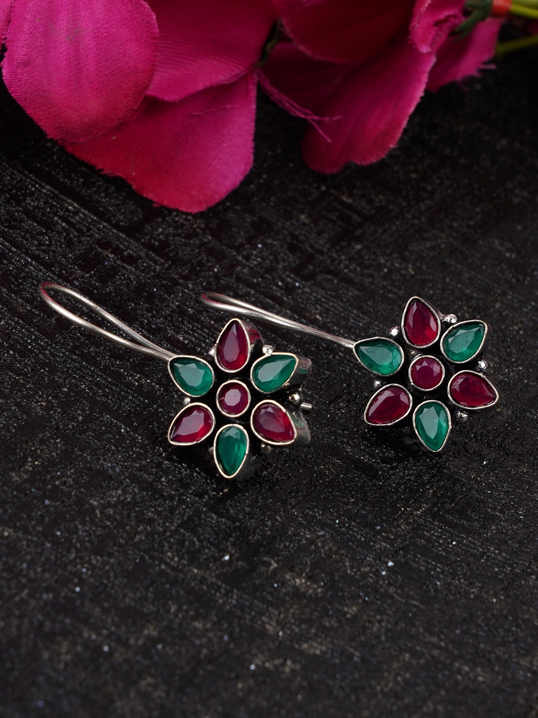 

FIROZA Green & Pink Oxidized Floral Drop Earrings