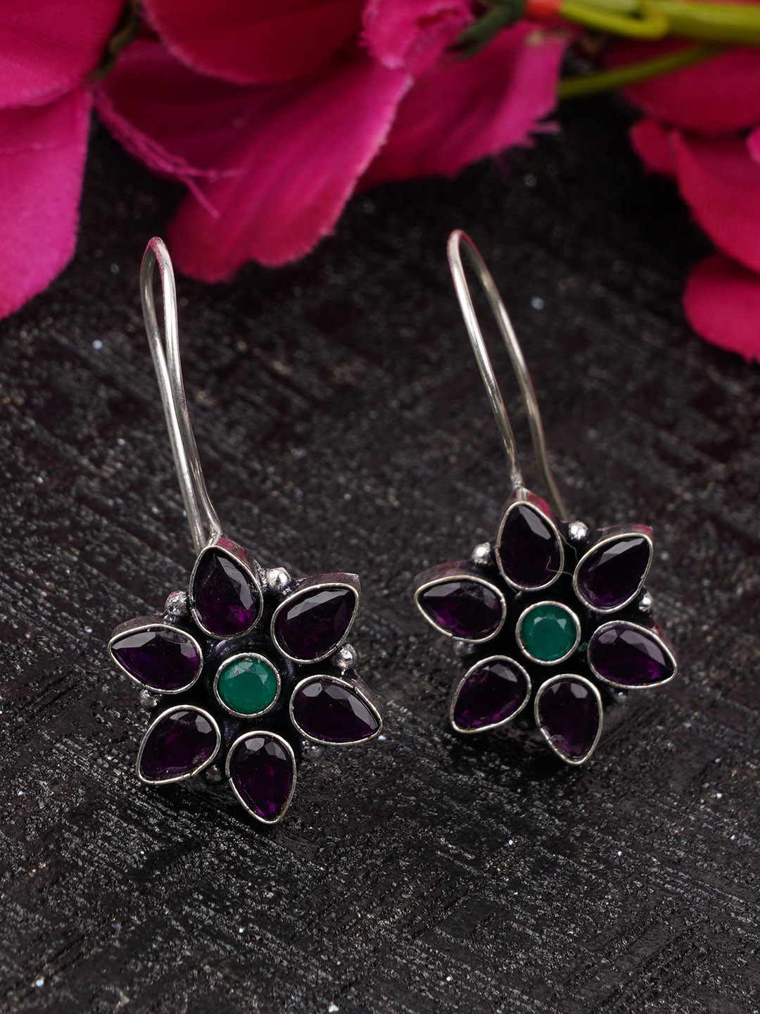 

FIROZA Purple & Green Oxidized Floral Drop Earrings