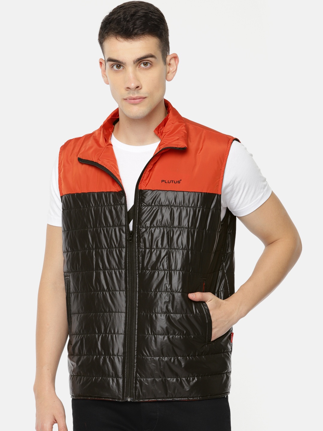 

Plutus Men Black & Orange Colourblocked Detachable Hood Puffer Jacket