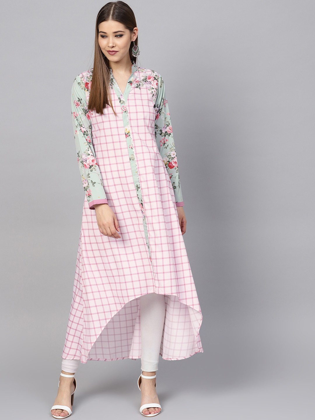 

Ahalyaa Women Pink & Green Checked A-Line Kurta with Printed Detail