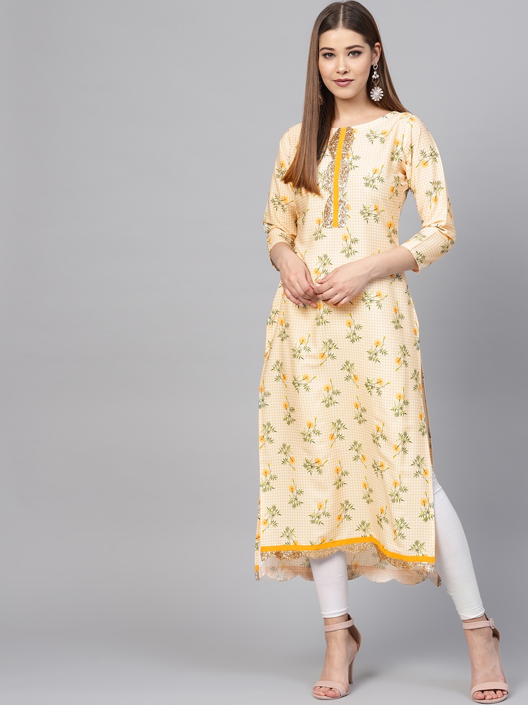

Ahalyaa Women Yellow & White Checked Straight Kurta