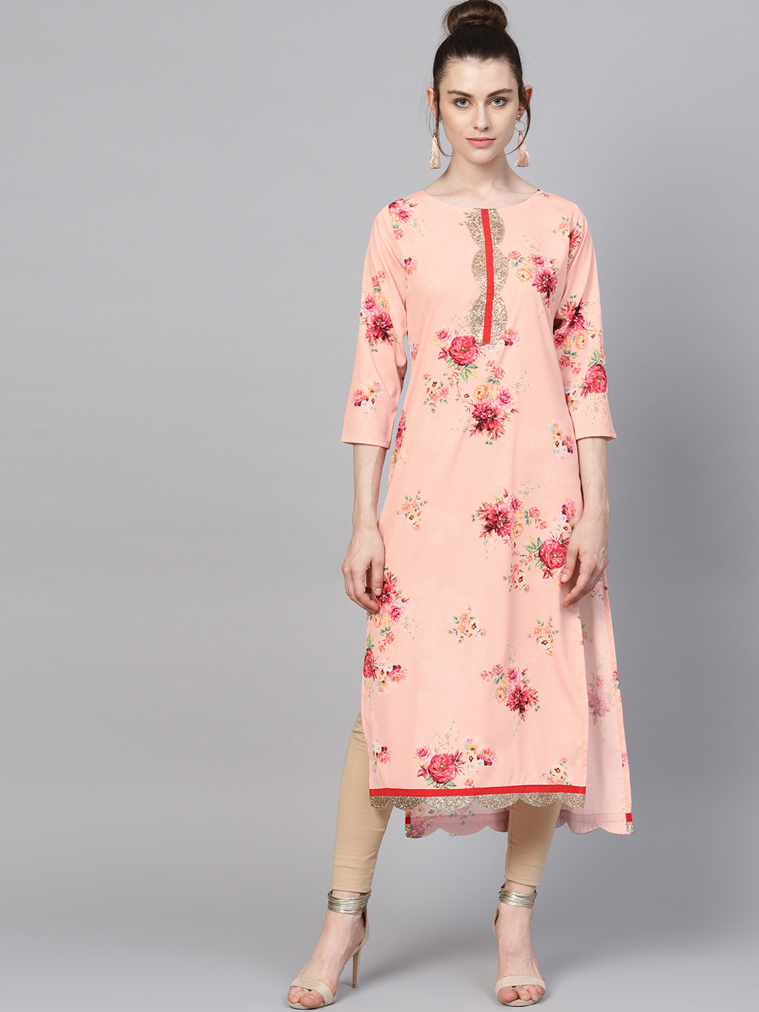 

Ahalyaa Women Peach-Coloured Printed Straight Kurta