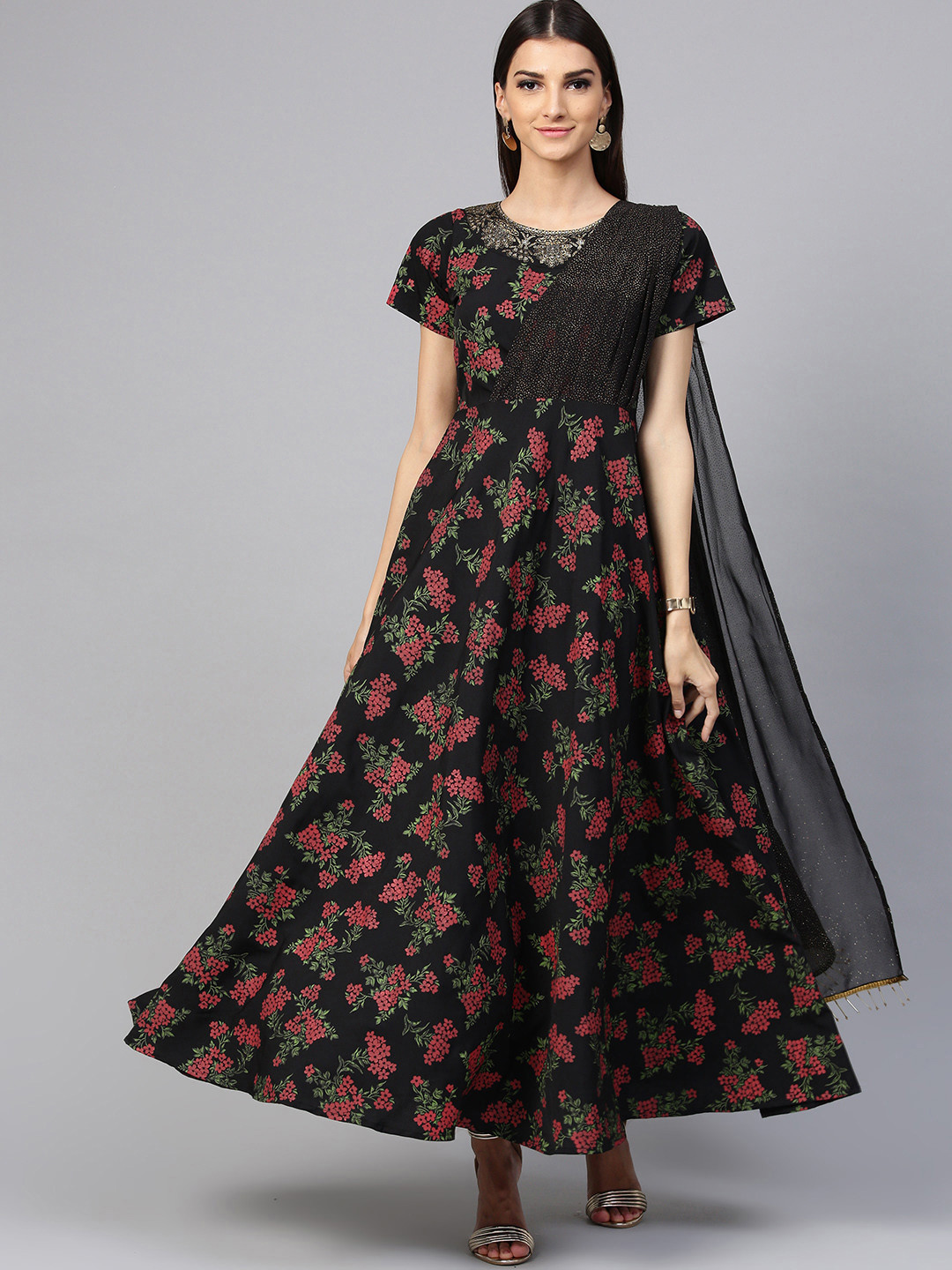 

Ahalyaa Women Black & Red Printed A-Line Kurta with Attached Dupatta