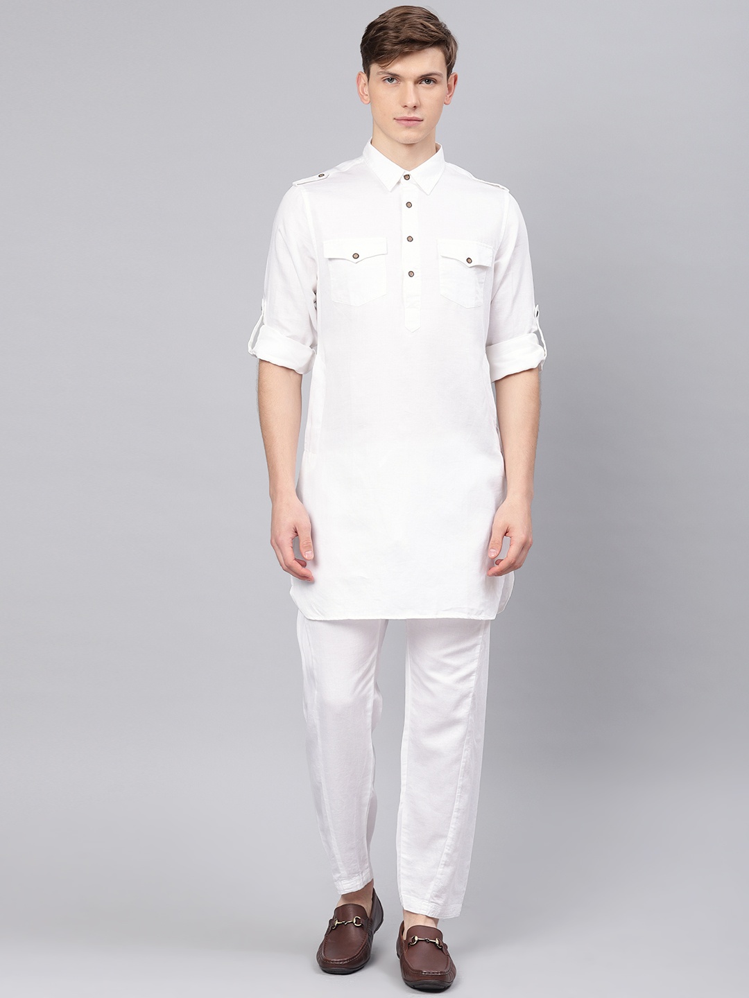 

Freehand by The Indian Garage Co Men White Solid Kurta with Pyjamas