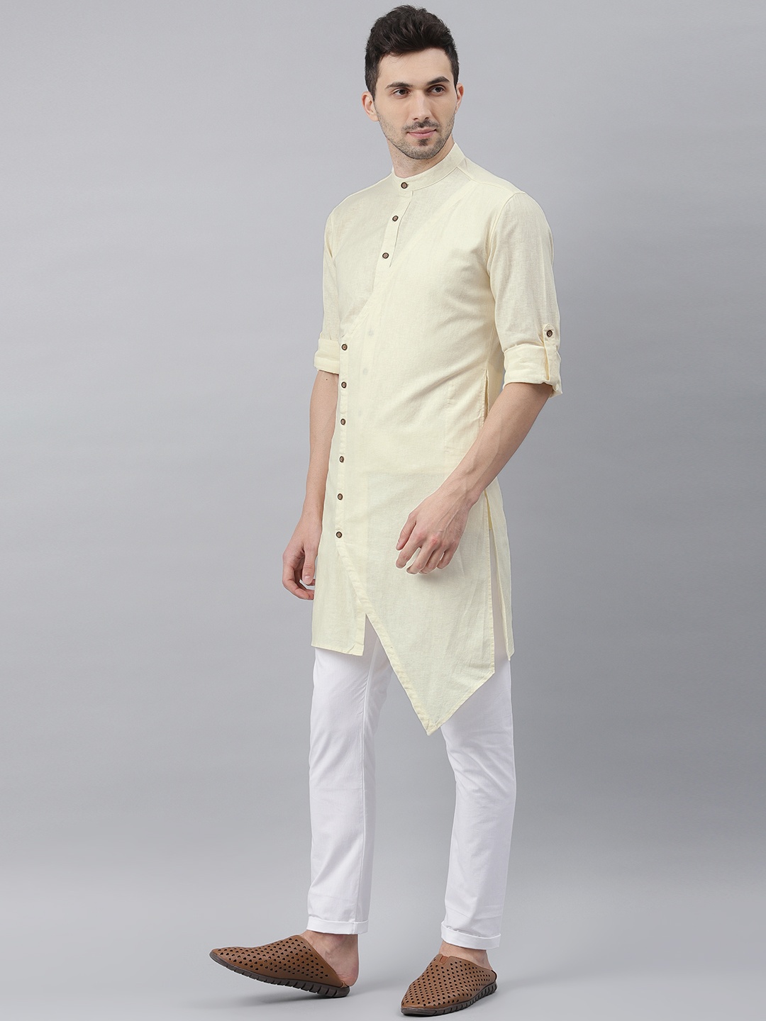 

Freehand Men Cream-Coloured Solid Asymmetrical Hem Straight Kurta