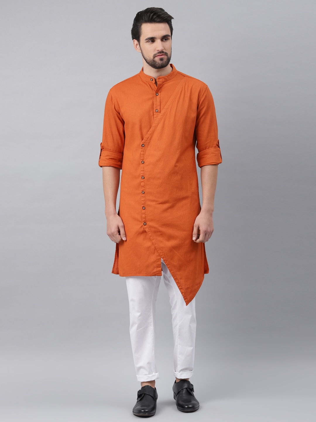 

Freehand Men Rust Orange Solid Straight Kurta