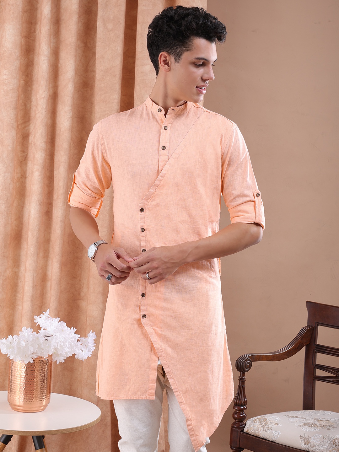 

Freehand by The Indian Garage Co Men Peach-Coloured Solid Asymmetric Straight Kurta