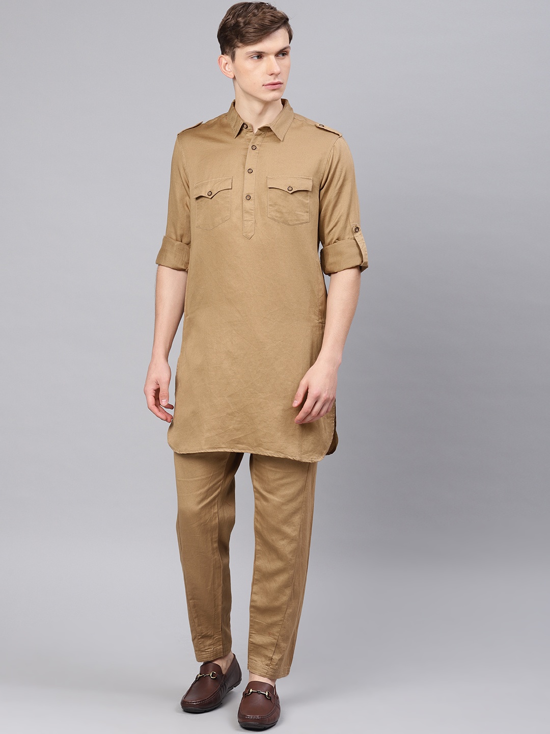 

Freehand Men Khaki Solid Kurta with Pyjamas