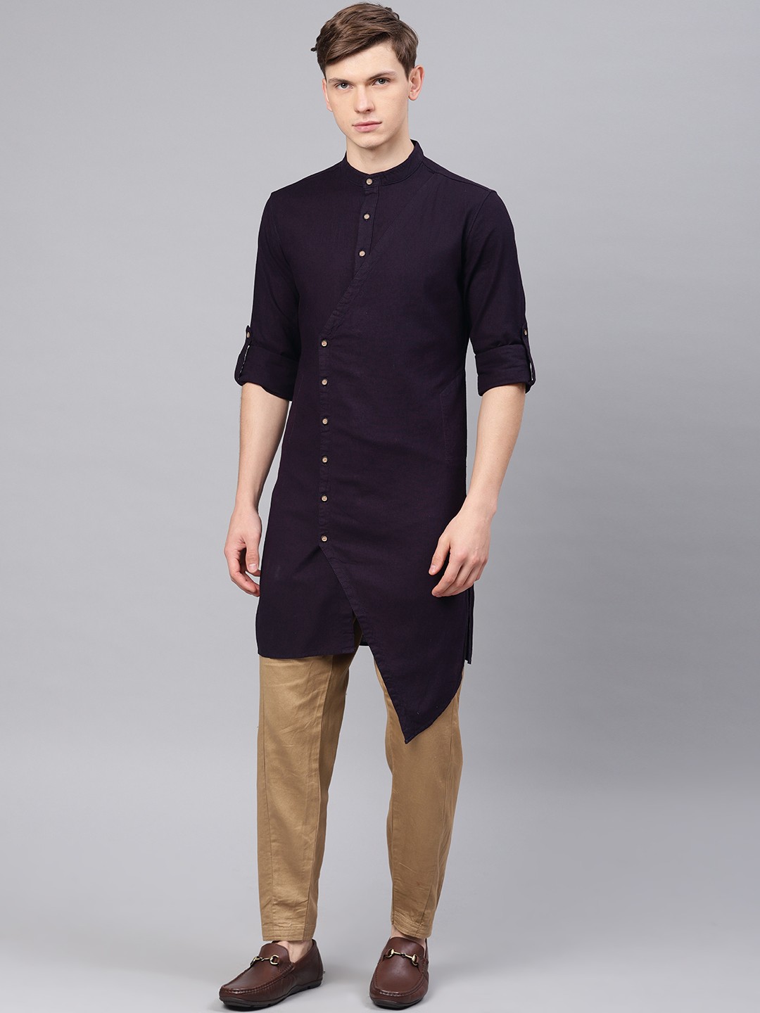 

Freehand Men Burgundy Solid Asymmetrical Hem Straight Fusion Kurta