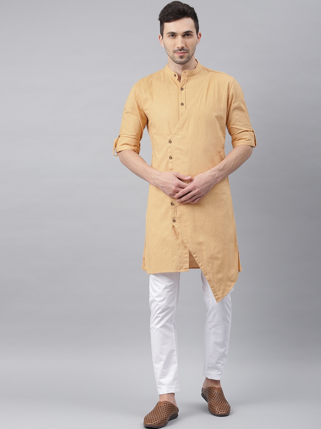 

Freehand by The Indian Garage Co Men Beige Solid Straight Kurta