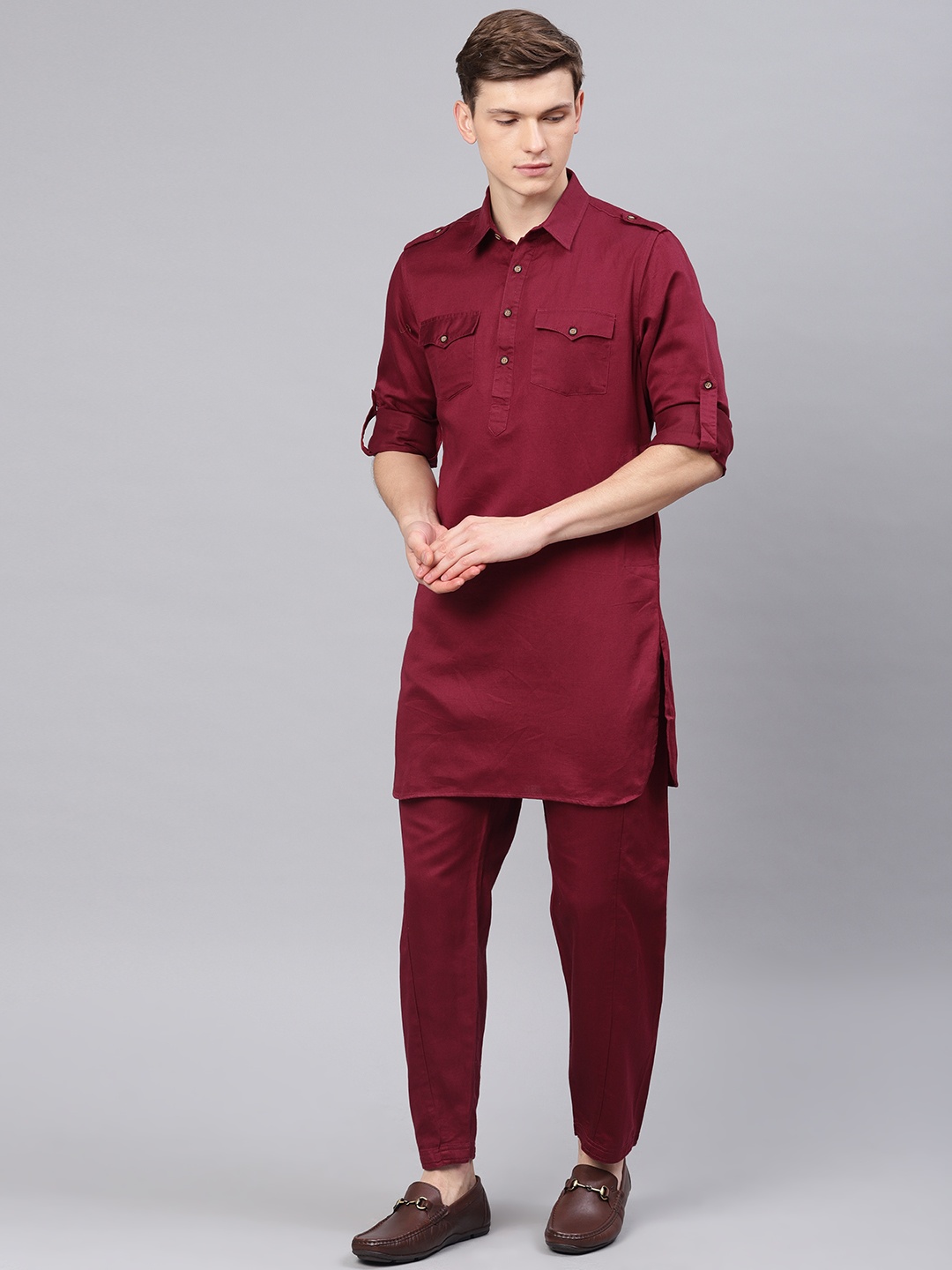 

Freehand Men Maroon Solid Kurta with Pyjamas