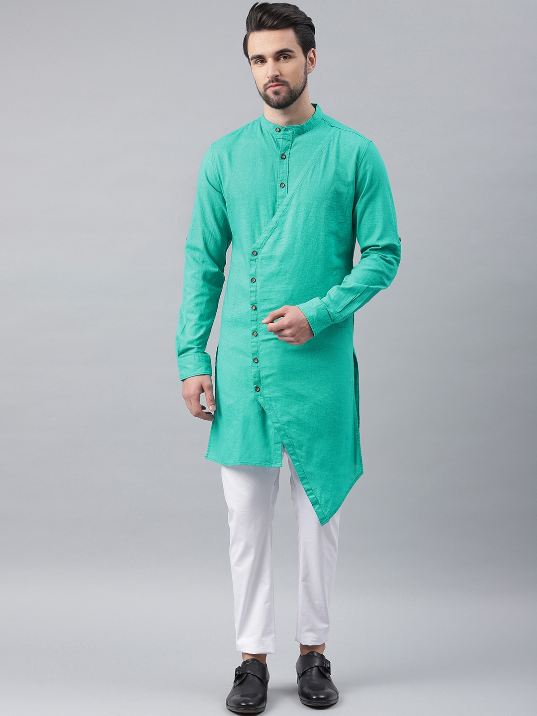 

Freehand by The Indian Garage Co Men Sea Green Solid Asymmetric Straight Kurta