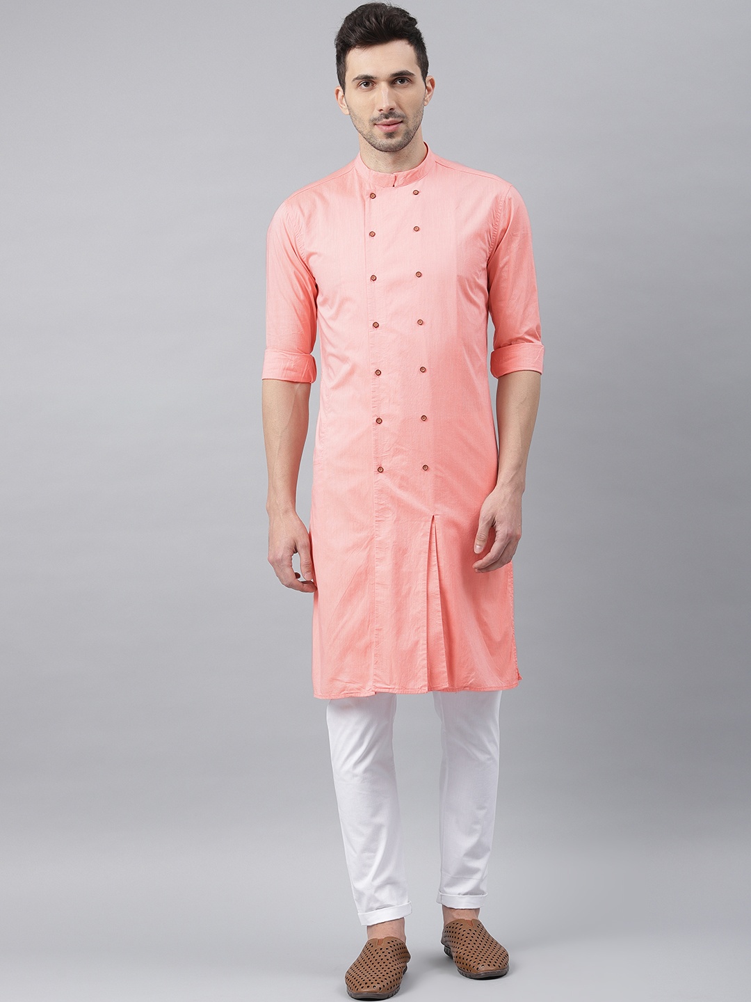 

Freehand Men Peach-Coloured Solid Straight Kurta