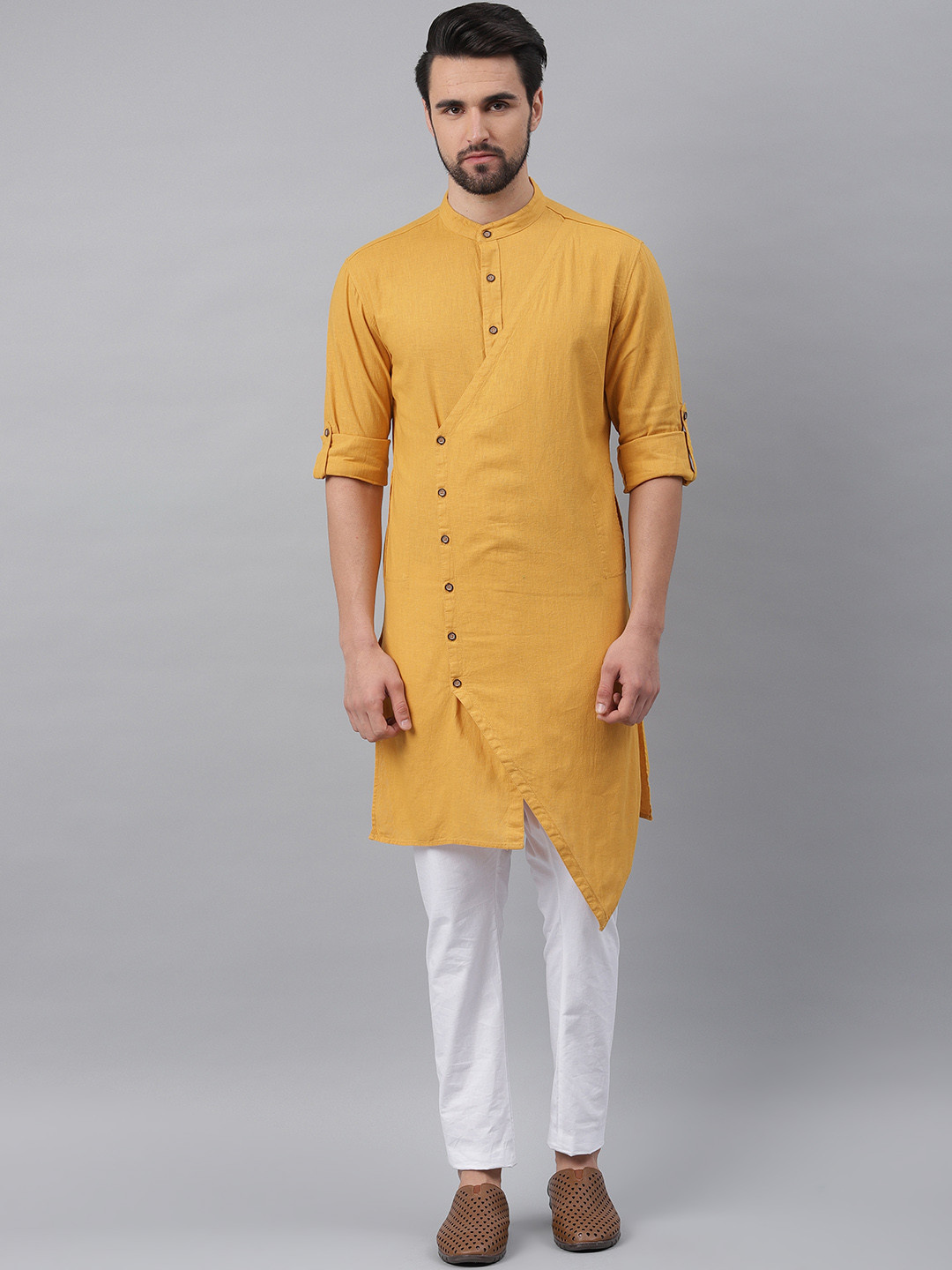 

Freehand Men Mustard Yellow Solid Asymmetric Straight Kurta