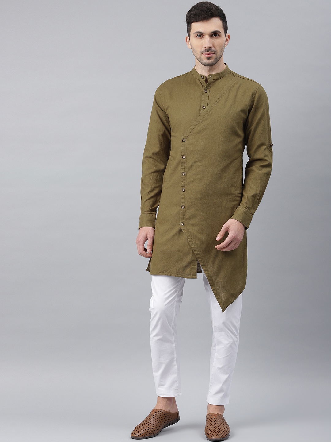 

Freehand Men Olive Green Solid Asymmetric Straight Kurta