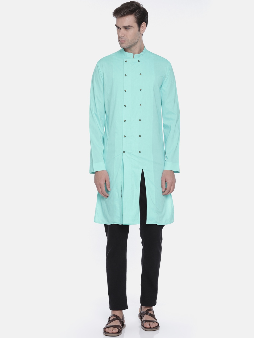 

Freehand Men Sea Green Solid Straight Kurta