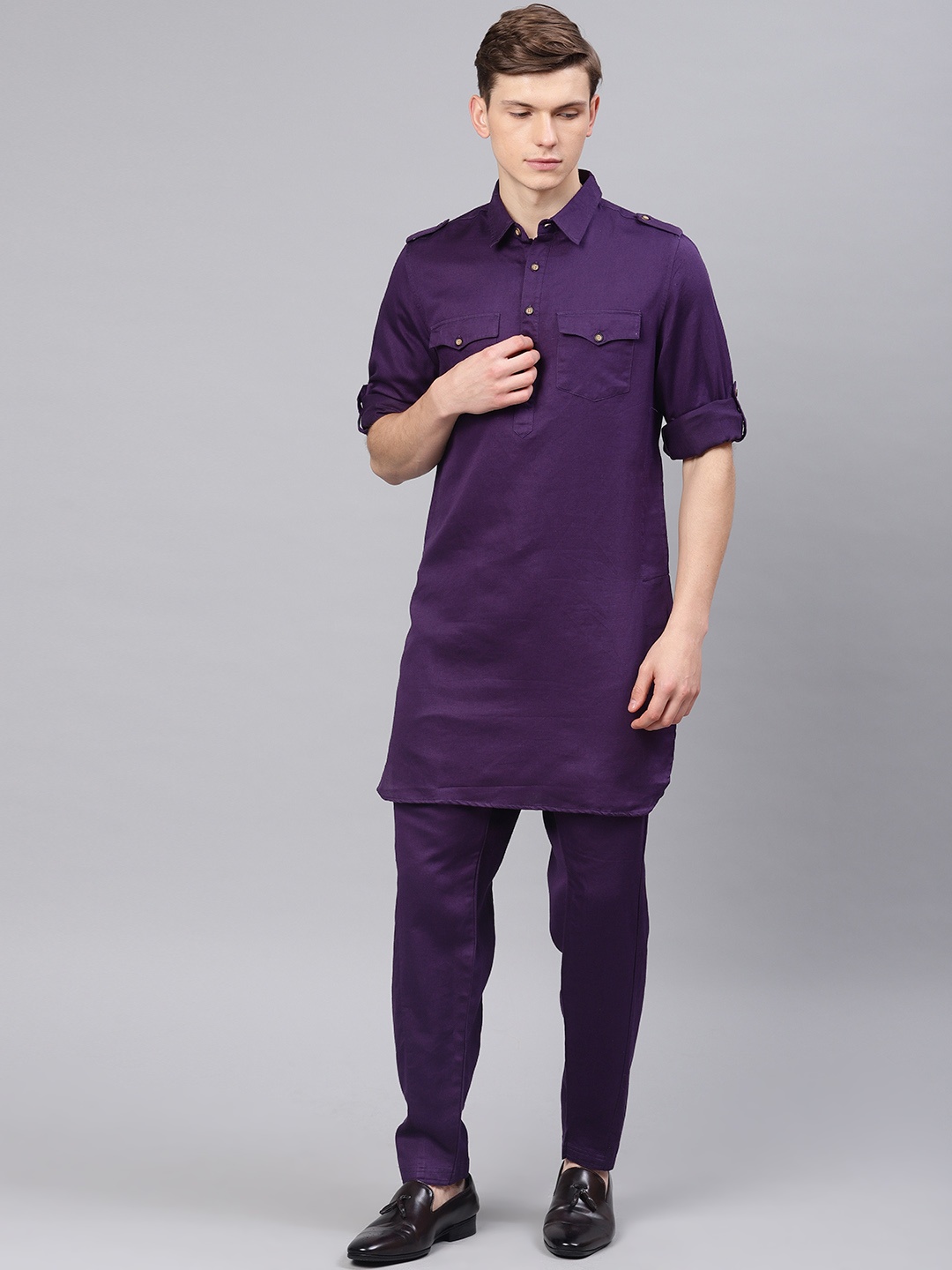 

Freehand by The Indian Garage Co Men Purple Solid Kurta with Pyjamas