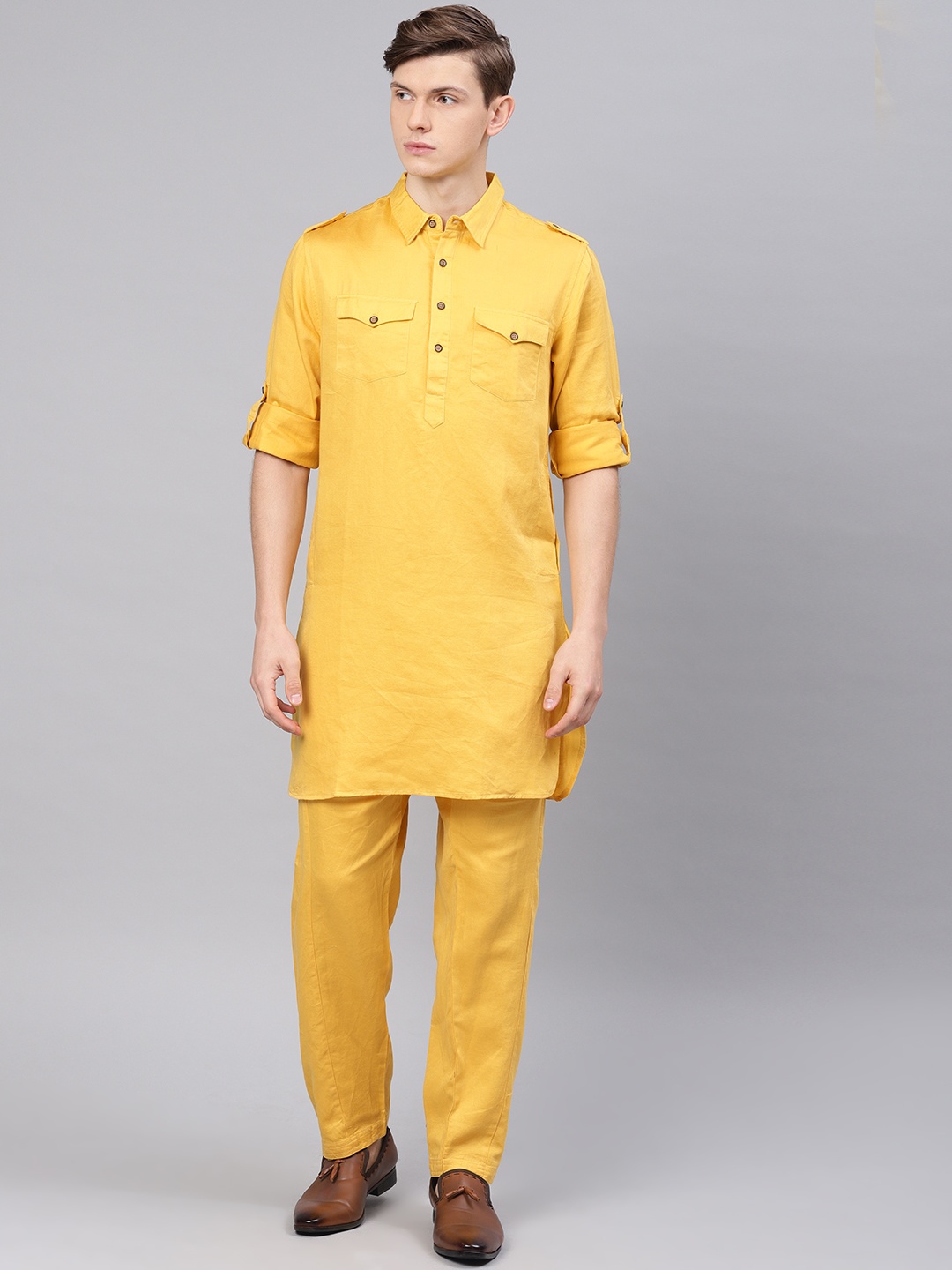 

Freehand by The Indian Garage Co Men Mustard Yellow Solid Kurta with Pyjamas