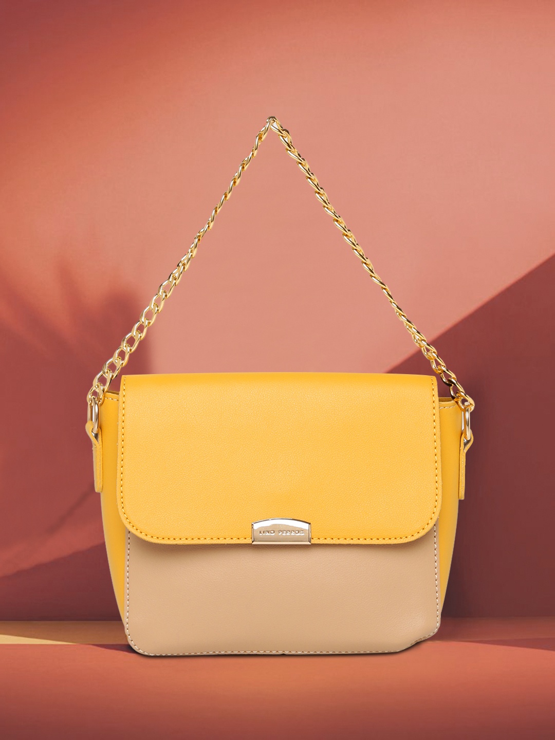 

Lino Perros Mustard Yellow & Beige Colourblocked Handheld Bag