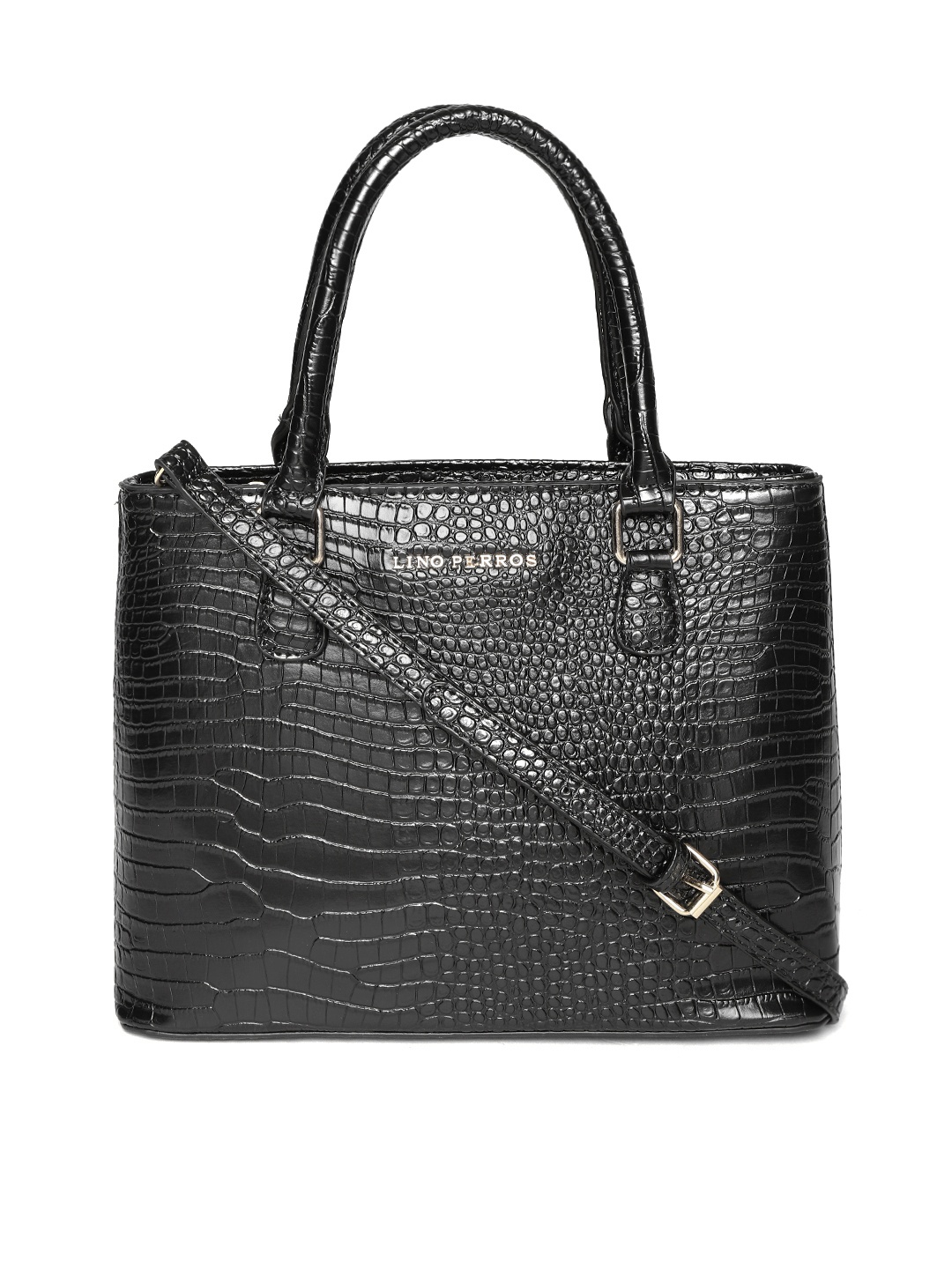 

Lino Perros Black Croc Textured Handheld Bag with Detachable Sling Strap