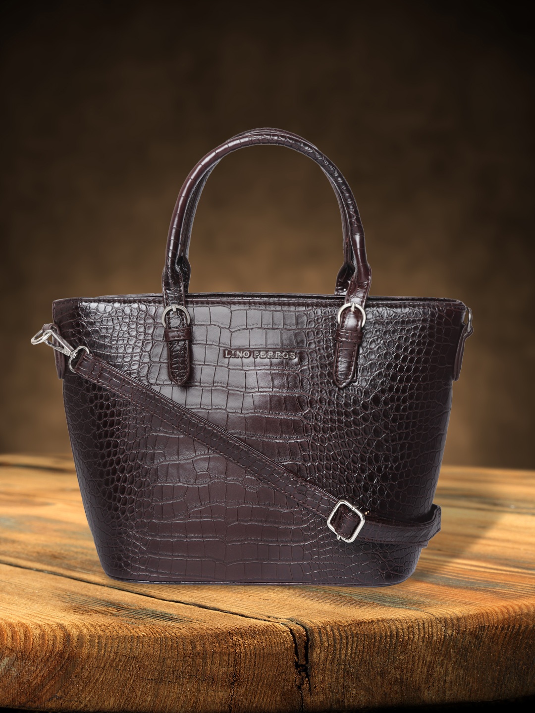 

Lino Perros Coffee Brown Croc Textured Handheld Bag