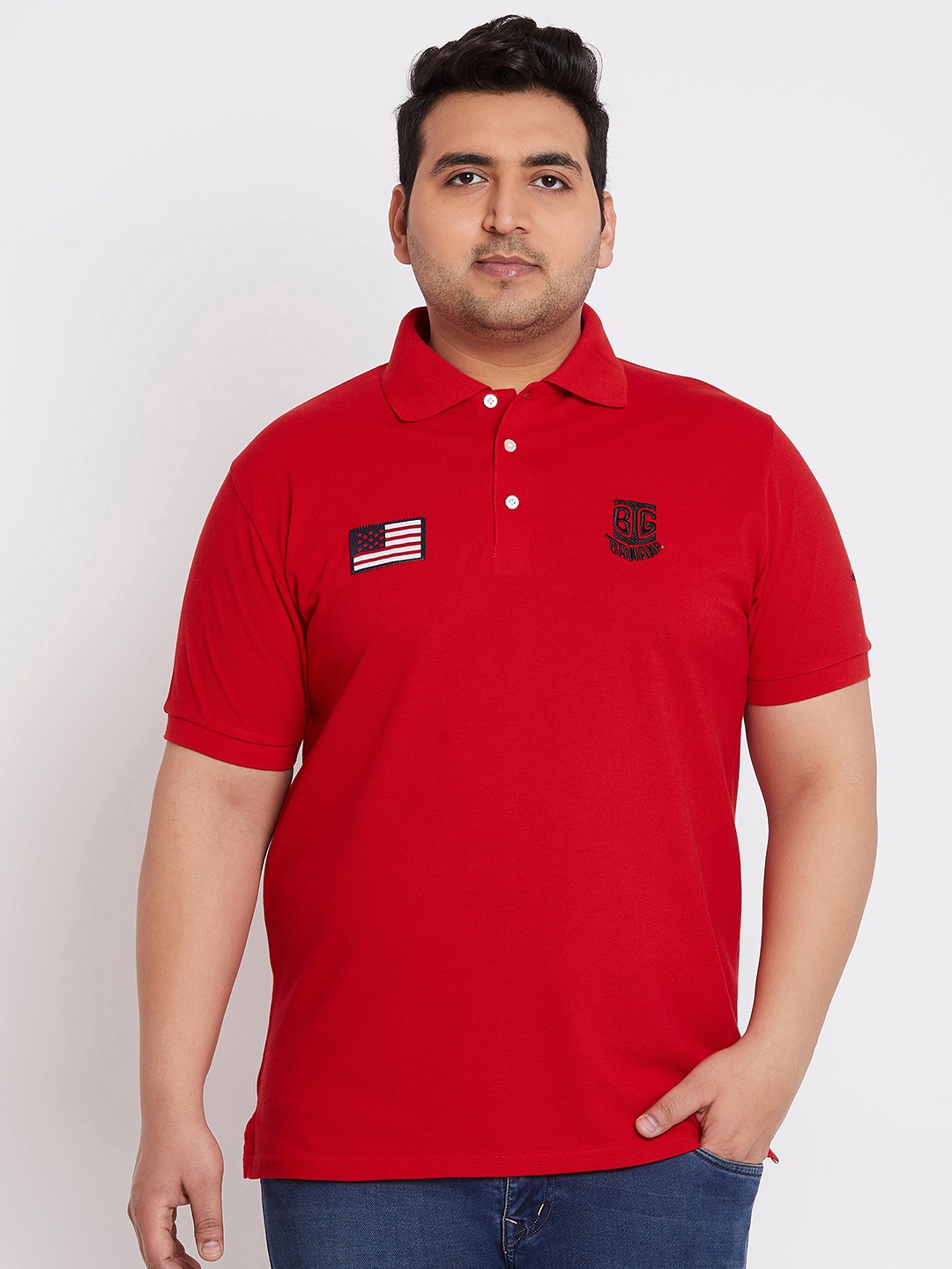 

bigbanana Plus Size Men Red Solid Polo Collar Pure Cotton T-shirt